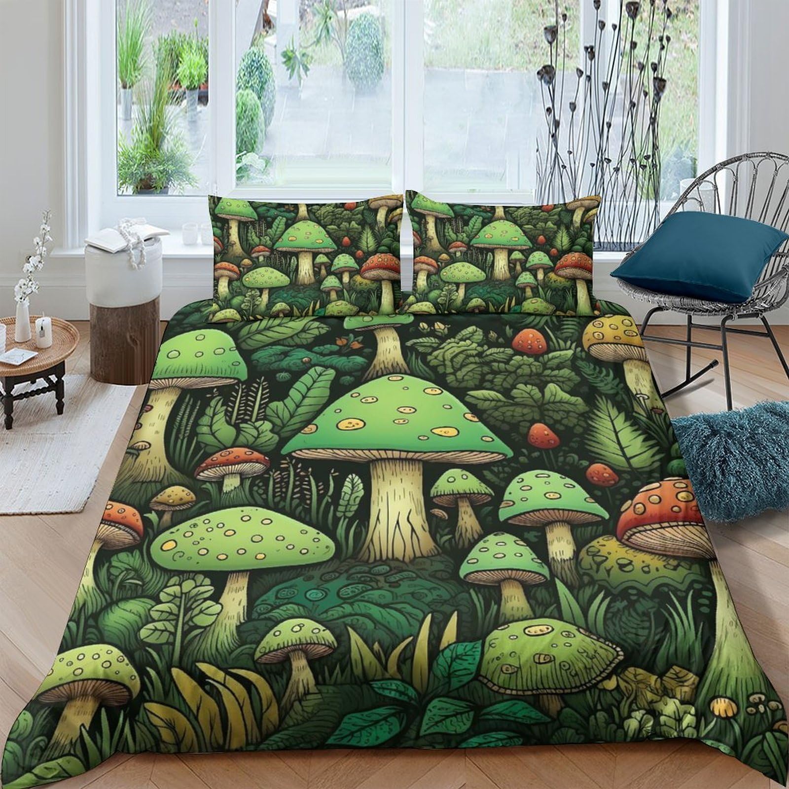 GPLZQXKJNH 3D Printed Forest Mushroom Duvet Cover Microfiber Soft Green Botanical Bedding Set with 2 Pillowcases for Bedroom Decor Single（135x200cm）