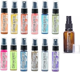 Ranger Ink Tim Holtz Distress Spritz Sprays - Set #1, Bundle of 12 Luminous Colors, 1 oz bottles, 1 Carnora Amber Bottle, June 2024 Release