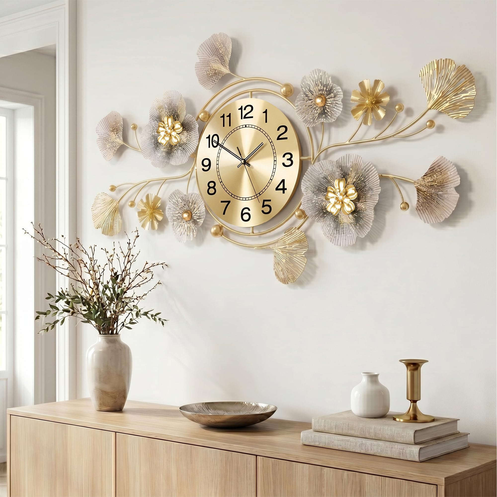 Wanduhr Groß aus Metall,3D Ginkgo Design,Kaffeefarbe,83 x 43 cm | Leiser Betrieb Ohne Störende Tickgeräusche,Kann Vertikal und Horizontal Aufgehängt Werden,mit Montagezubehör