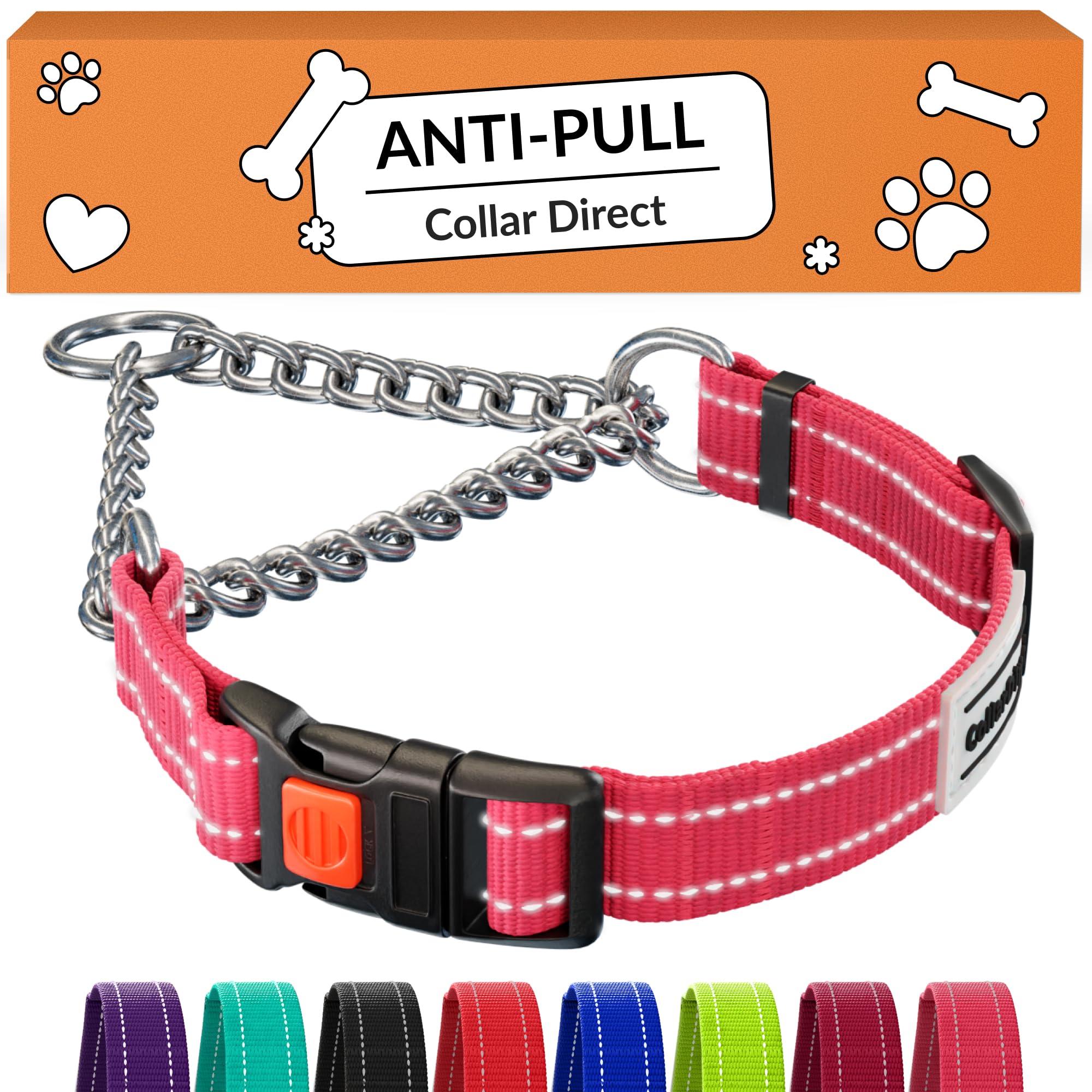 CollarDirect Martingale Dog Collar with Stainless Steel Chain and Quick Release Buckle - Reflective Collar for Large, Medium, Small Dogs - Pink, Large