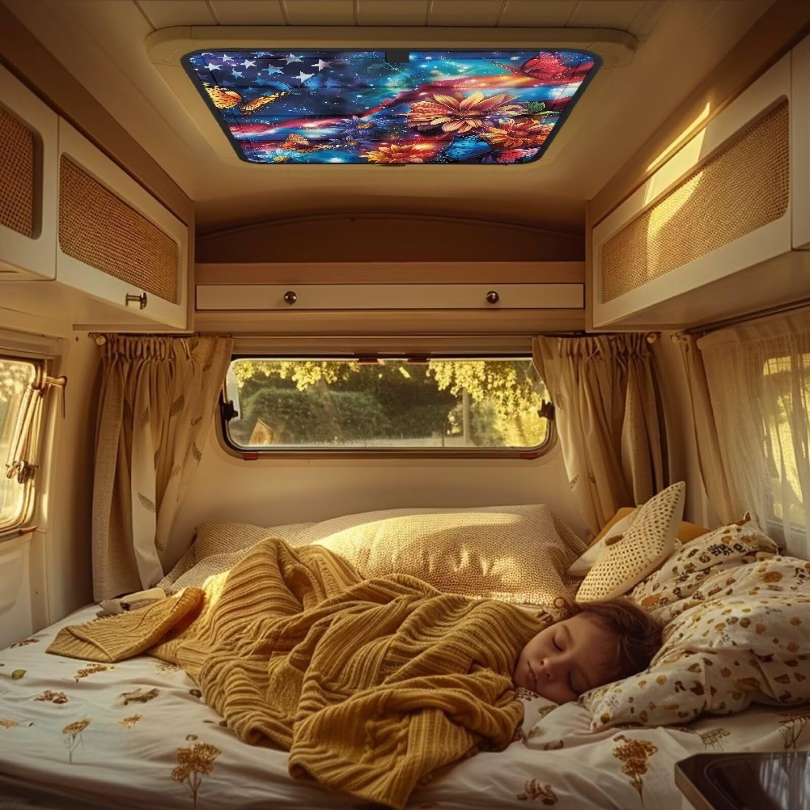 Copertura isolante per lucernario con bandiera americana, 42 x 42 cm, magnetica, pieghevole, oscurante e resistente al sole, con velcro autoadesivo, per tettuccio di camper e rimorchi
