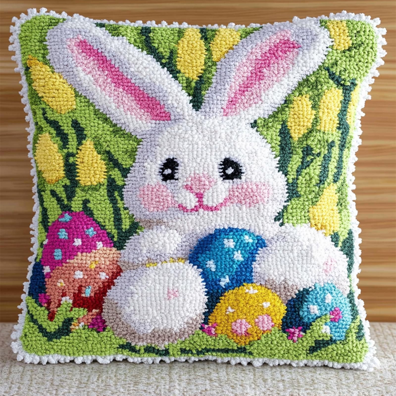 ANSIWEIGO Latch Hook Kits DIY for Throw Pillow & Cushion Cover - 17x17 Inch, Printed Canvas, Beginner Friendly Craft Kit - Creative Gift Idea,Easter Bunny