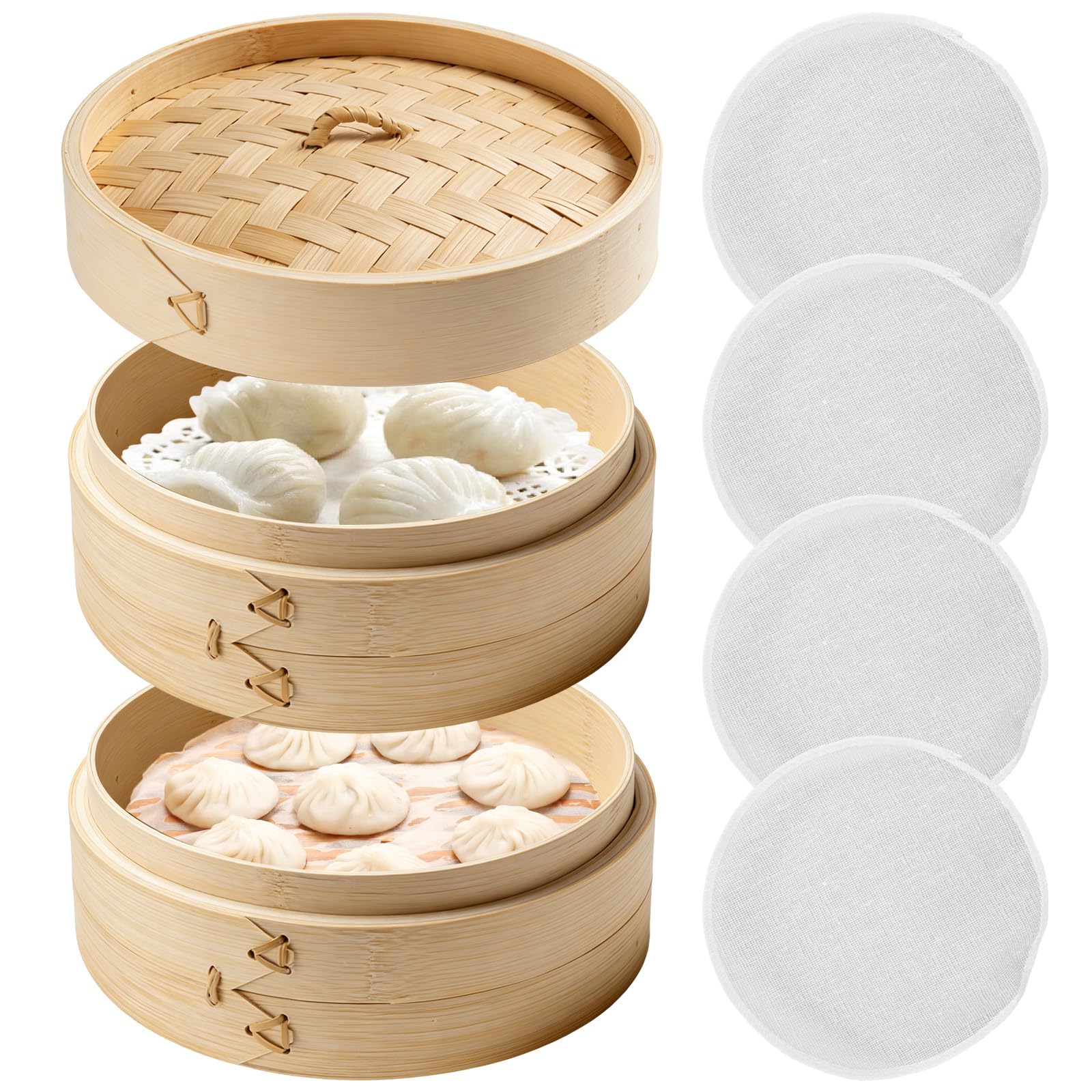 Cuocere a vapore in bambù, 21 cm, a 2 ripiani, in bambù intrecciato, versatile cestino a vapore asiatico, con 4 panni in cotone per riso, verdure, Dim Sum, Dumpling