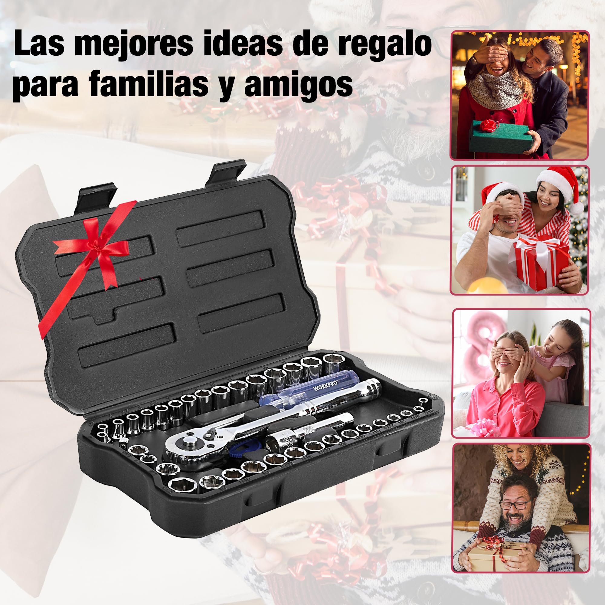 WORKPRO - Juego de llaves de vaso, Cr-V, 9,5 mm (1/4'') y 6,35 mm (3/8'') y tinquete de liberación rápida (39 piezas)