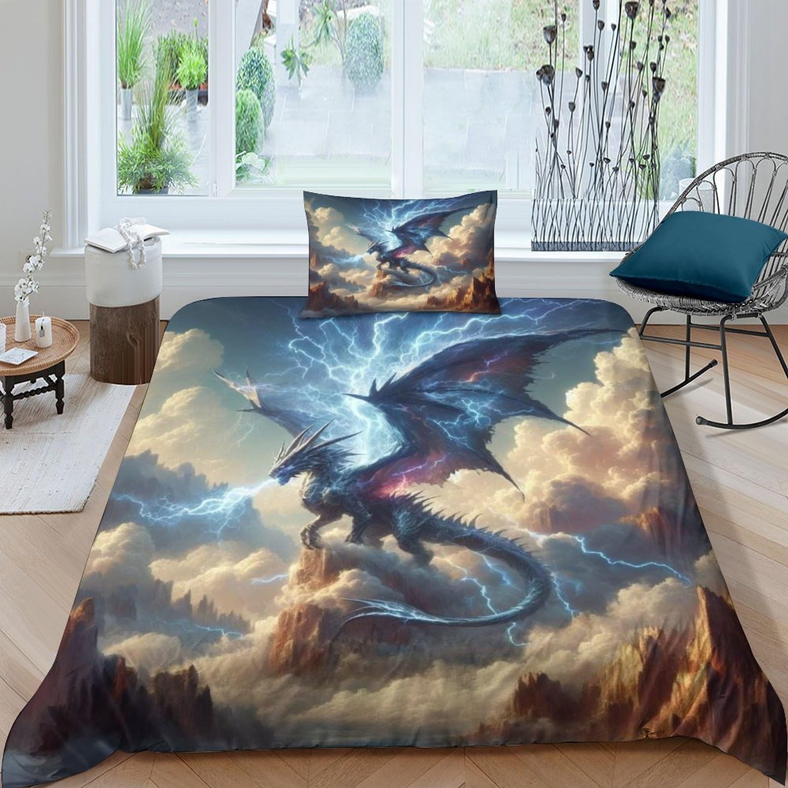 TNFHSOFT Flying Dragon 3D Print Quilt Cover Duvet Cover Set Single Print Duvet Bedding Set Bedding Set Soft Cool Animals Lightweight Microfiber Quilt Cover with Zipper Closure Single（135x200cm）