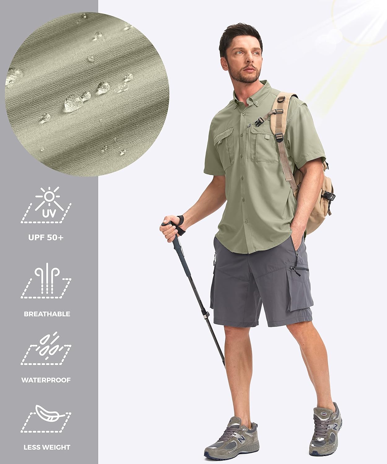 Pudolla Men's Fishing Shirts with Short Sleeves, Summer Travel Work Shirts, Button Down with UPF50+ and Zipper Pockets - Image 5