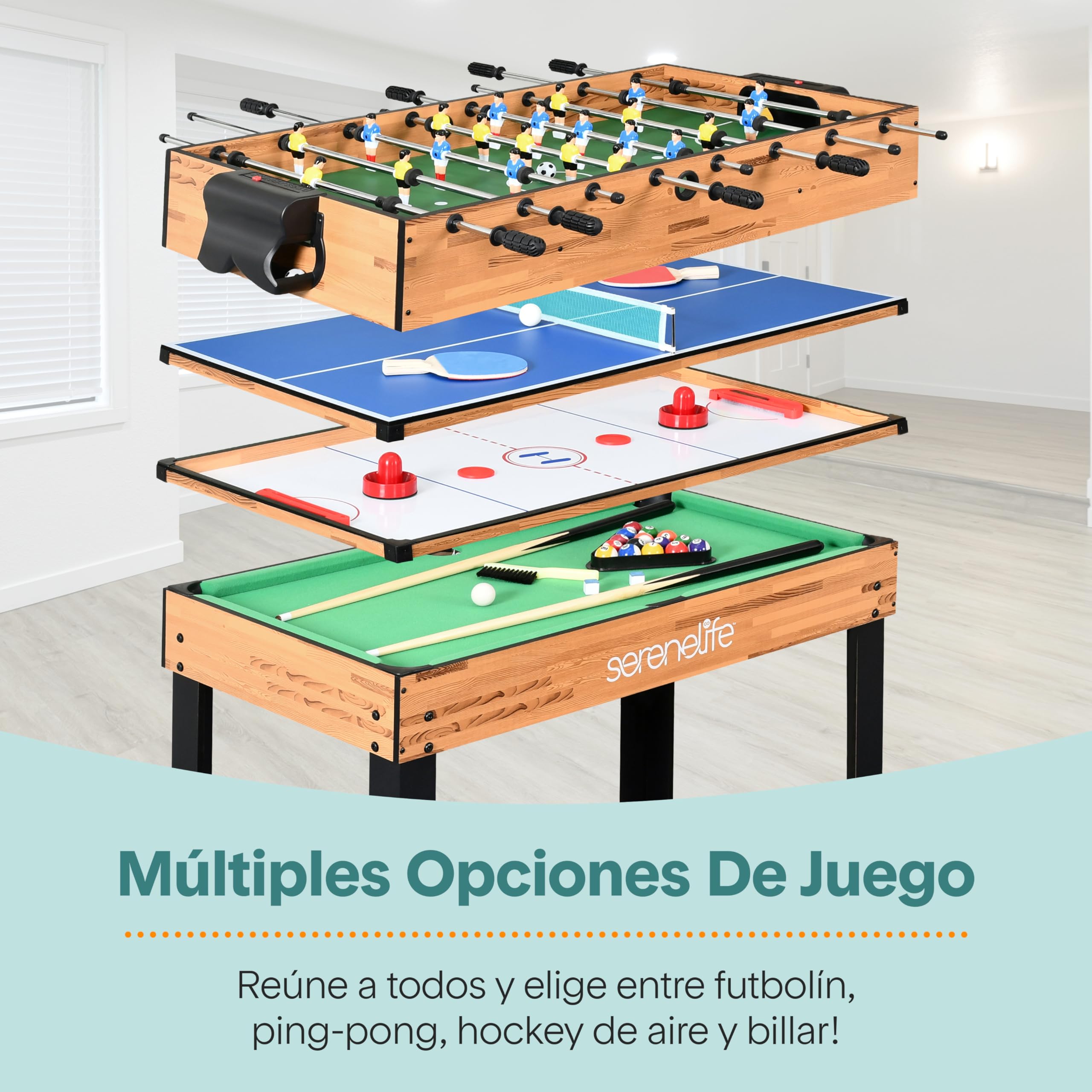 Serenelife Mesa multijuegos, Billar, Hockey, Tenis de Mesa, Futbolin, Ideal para Interiores y Exteriores