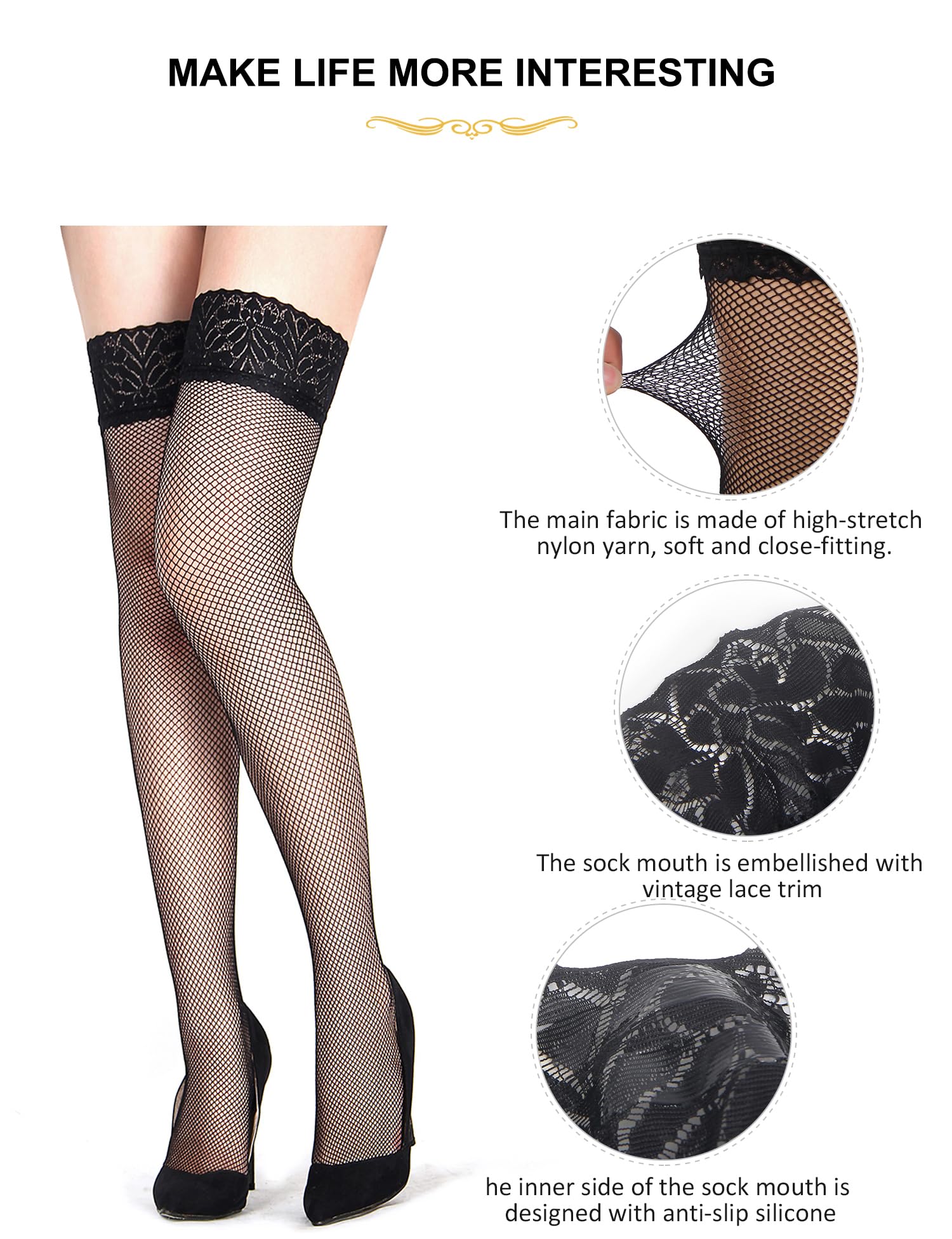 ohyeah Women Fishnet Thigh High Stockings Plus Size Floral Lace Silicone Lace Top Thigh Highs Socks: 3X-Large-5X-Large Black