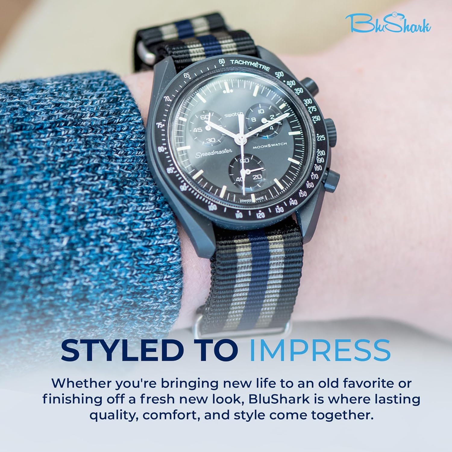 BluShark, Original Collection Military-Style Waterproof Watch Strap, Fits All Timepiece Brands, Durable Nylon Wristwatch Accessories with Stainless Steel Buckle - 18mm, 20mm, 22mm & 24mm Watch Bands