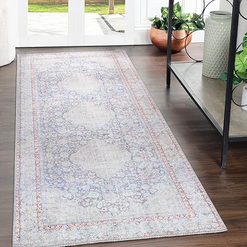 Miniatura 6 de SUPERIOR Alfombra de pasillo para interiores de tejido plano con medallón floral envejecido, 2 pies 6 pulgadas x 7 pies 6 pulgadas, color azul