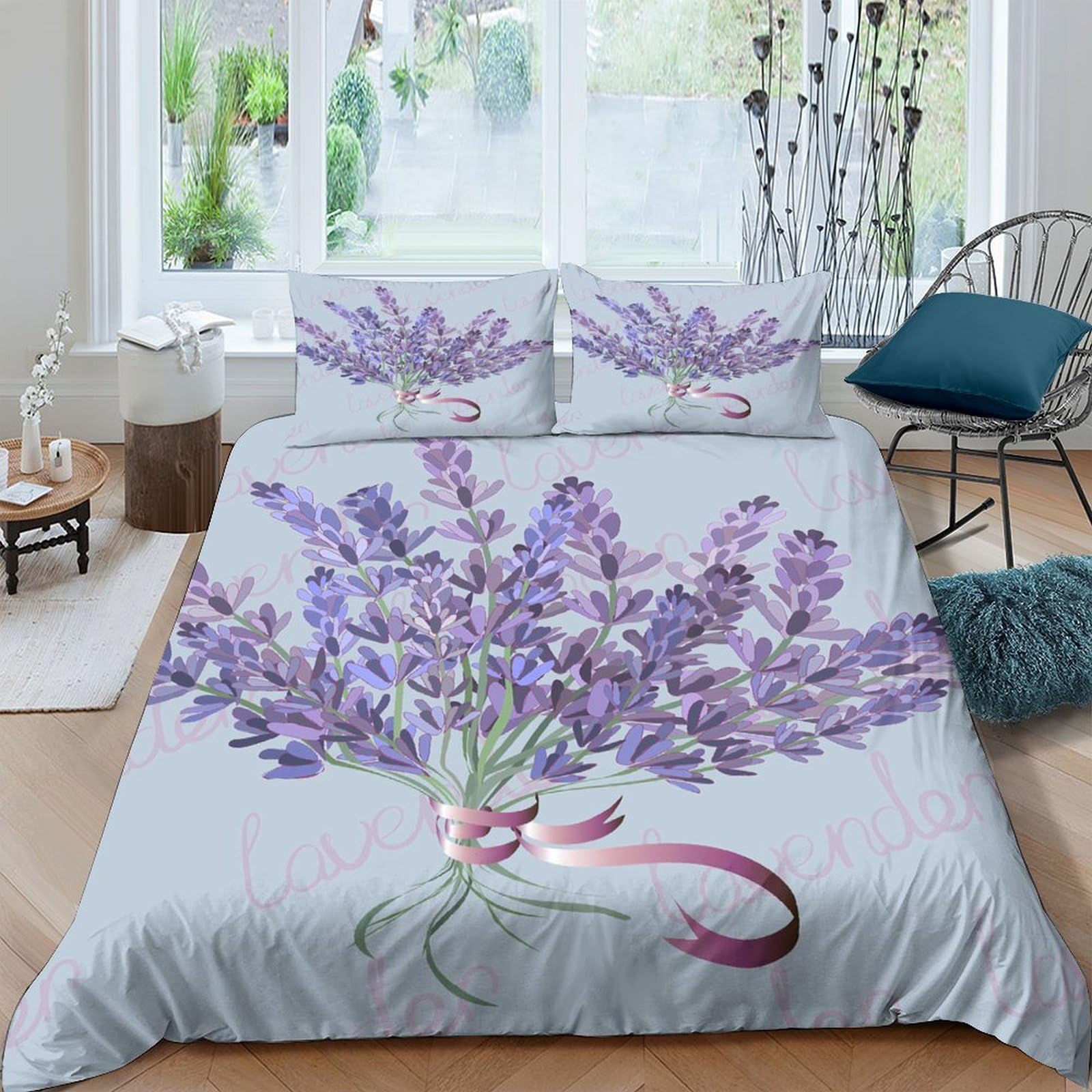Ctjqhvkz Style-3 3D Printed Lavender Bouquet Fitted Sheet Microfiber Soft Purple Floral Bed Cover For Bedroom Guest Room Easy Care Single（135X200cm）