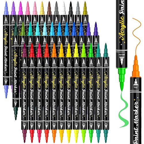 JR.WHITE 36 Colors Dual Tip Acrylic Paint Pens Paint Markers, Acrylic Markers for Rock Painting, Wood, Glass, Plastic, Fabric, Ceramic Painting Kit,Crafting Supplies for Adults and Kids - 36