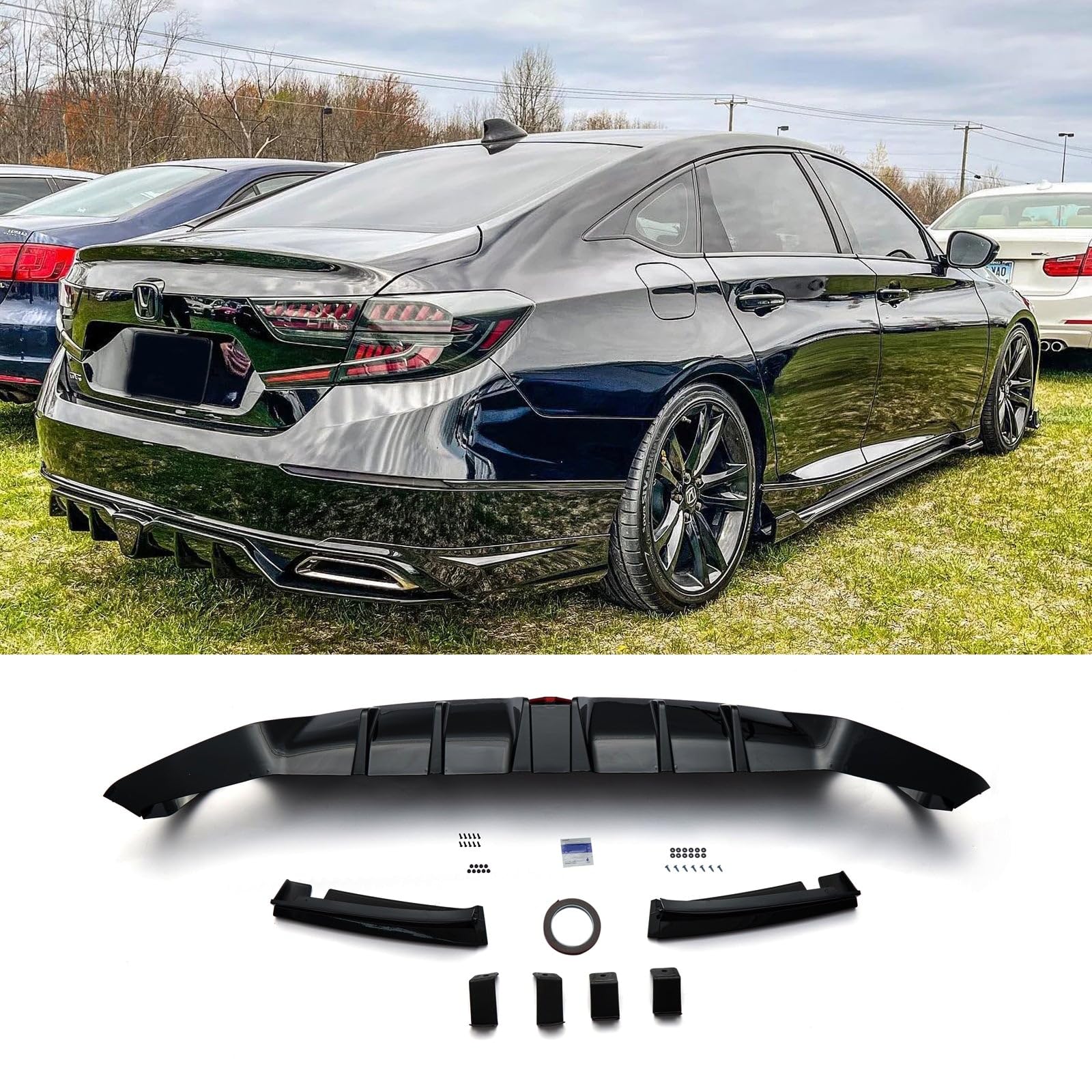 AUTRAGO Rear Diffuser for 2018-2022 Accord W/LED + Corner Apron Spats Gloss Black, Gloss Black