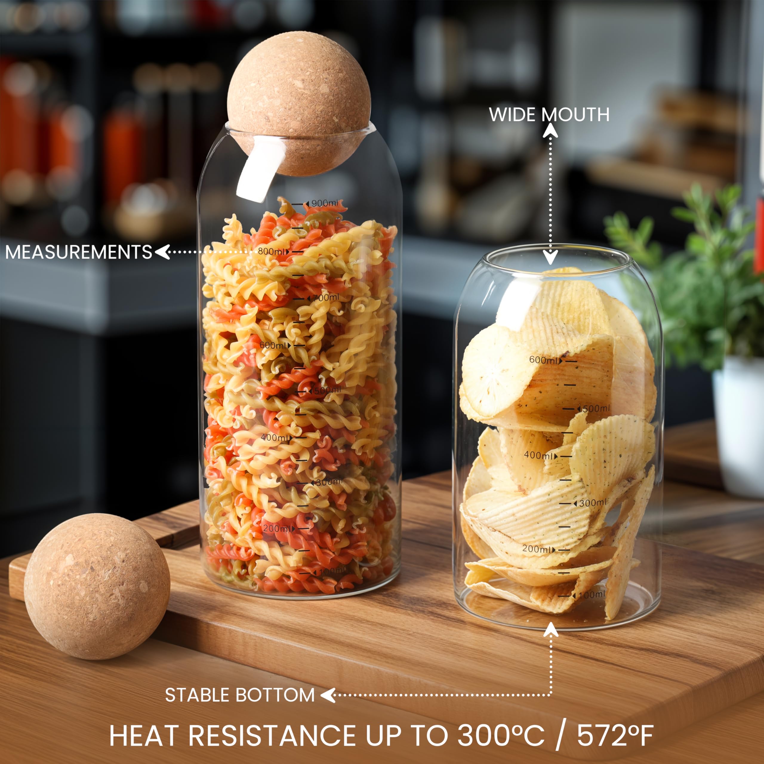 LDXDRU 4 stuks voorraadpotten met kurkdeksel, 500 800 1000 1300 ml, luchtdicht, voorraadpotten, glas, levensmiddelen, keuken, opbergpotten, glazen containers, pak voor koekjes, koffie, suiker