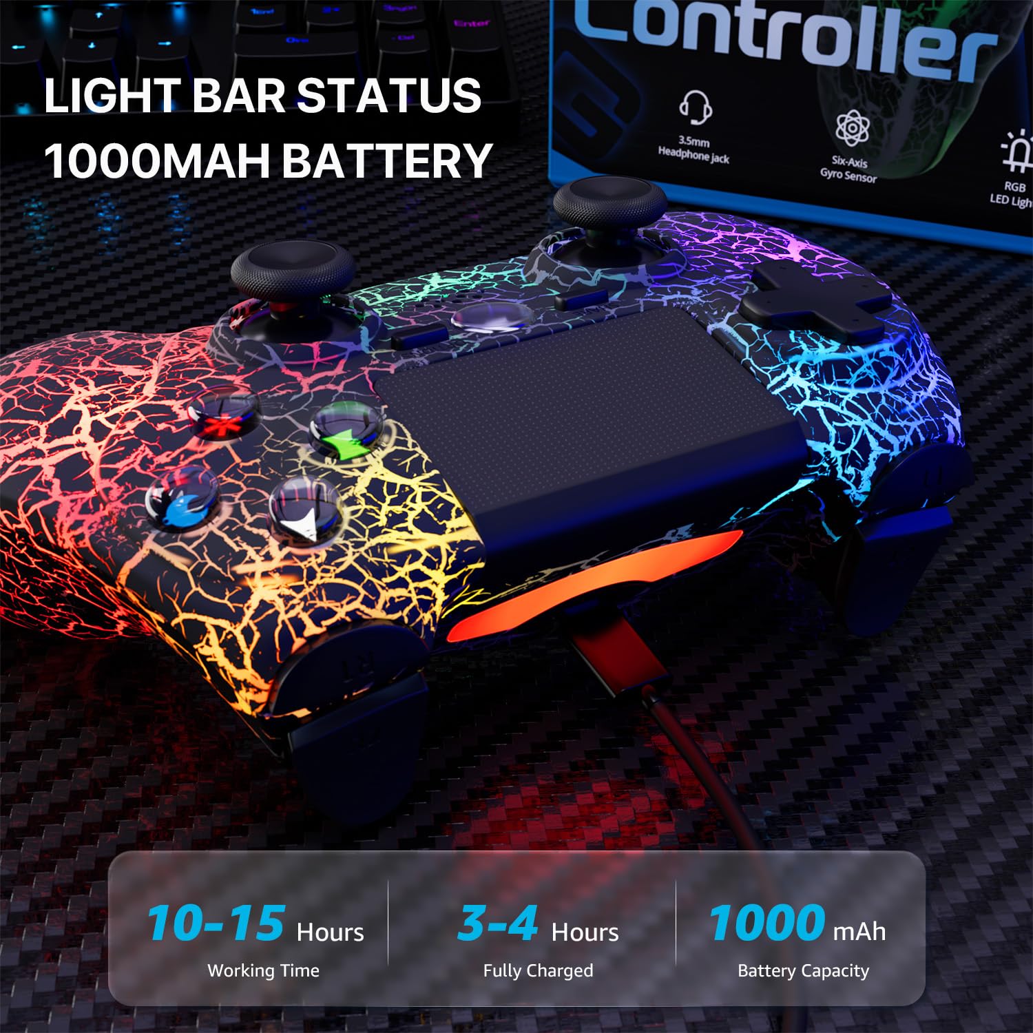 ISHAKO 2Pack Controller for PS4, Wireless Game Controller for PlayStation 4/PC Windows/PS3, Control 2Pack with Adjustable RGB Light/1000mAh Battery, Double Vibration- White & Black - Image 6