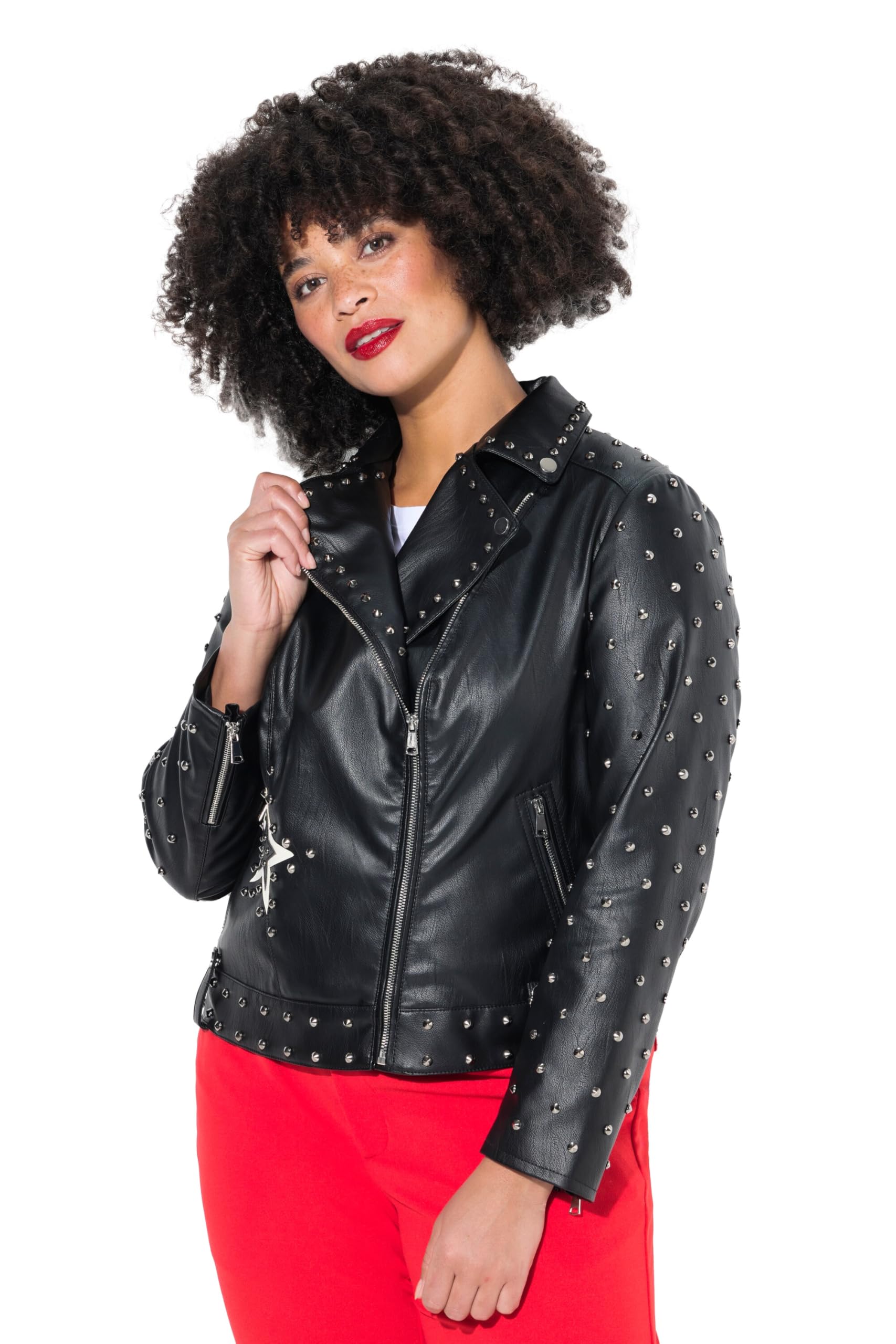 Angel of Style Damen große Größen Übergrößen Plus Size Jacke, Bikerjacke, Lederoptik, Rosen-Rückendruck 839199