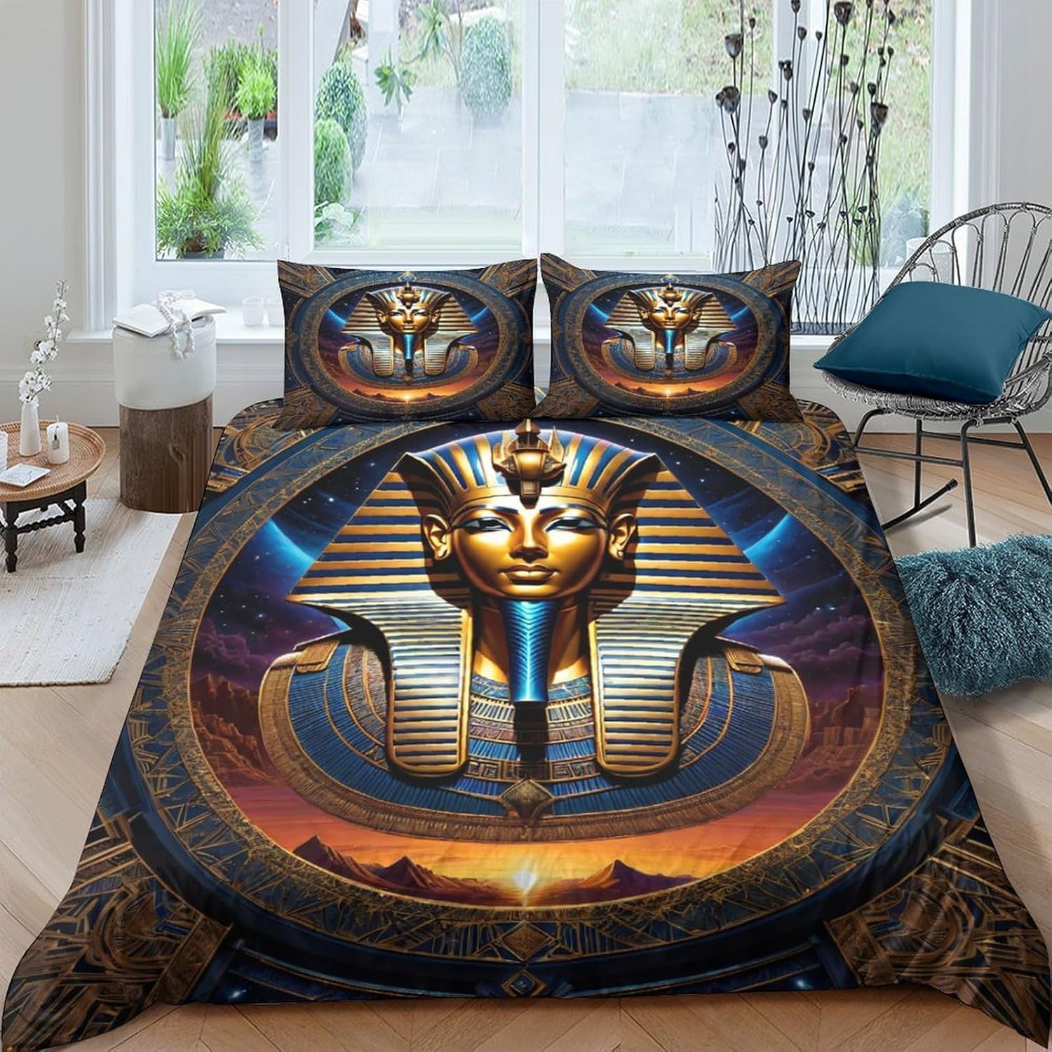 Housse de couette 155x220 cm avec 2 taies d'oreillers au motif égyptien rétro pour lit 1-2 personnes