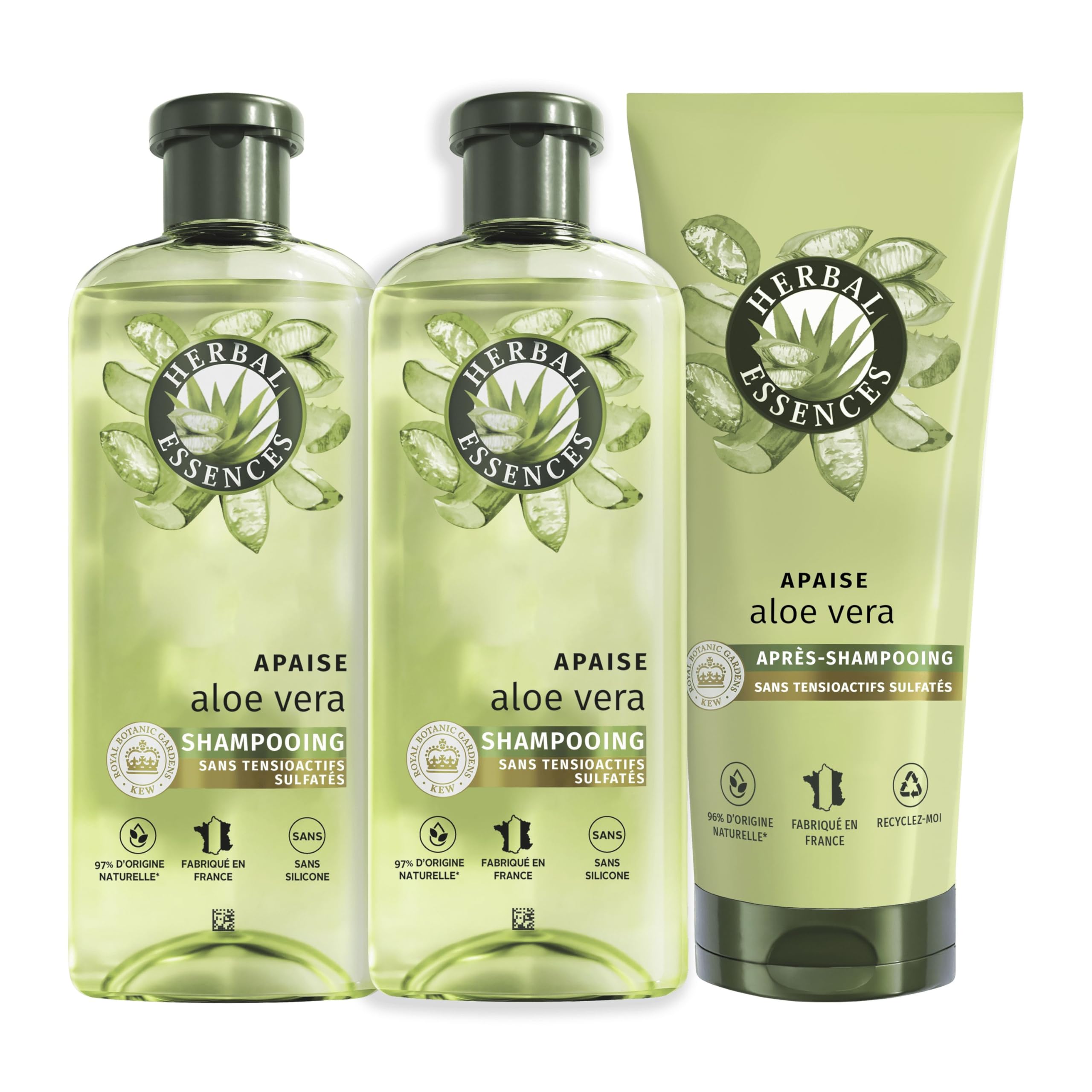 Herbal Essences Apaise Shampoing 2x250ml Et Après-Shampoing 200ml Hydratants Aloe Vera, Hydrate, Nettoie et Nourrit Les Cheveux Très Secs, Parfum Jasmin, Végan