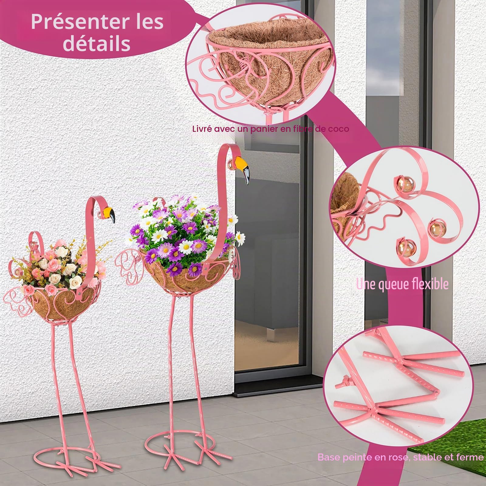 Pots à fleurs en métal en forme de flamant rose, lot de 2 pots de plantes avec panier pour jardinage intérieur/extérieur, décoration de jardin, cour, terrasse, véranda