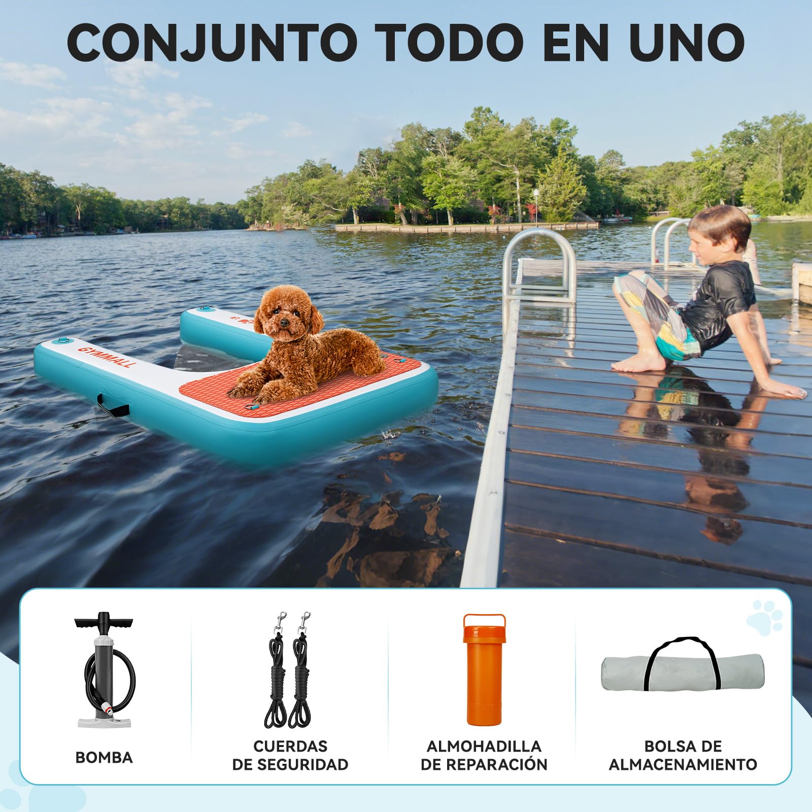 Plataforma Inflable para Perros 120x82cm, Rampa de Agua para Barcos, Piscinas, Lagos y Mar, Plataforma Flotante Antideslizante para Perros de hasta 100kg, Rampa de EVA con Escalera para Perros