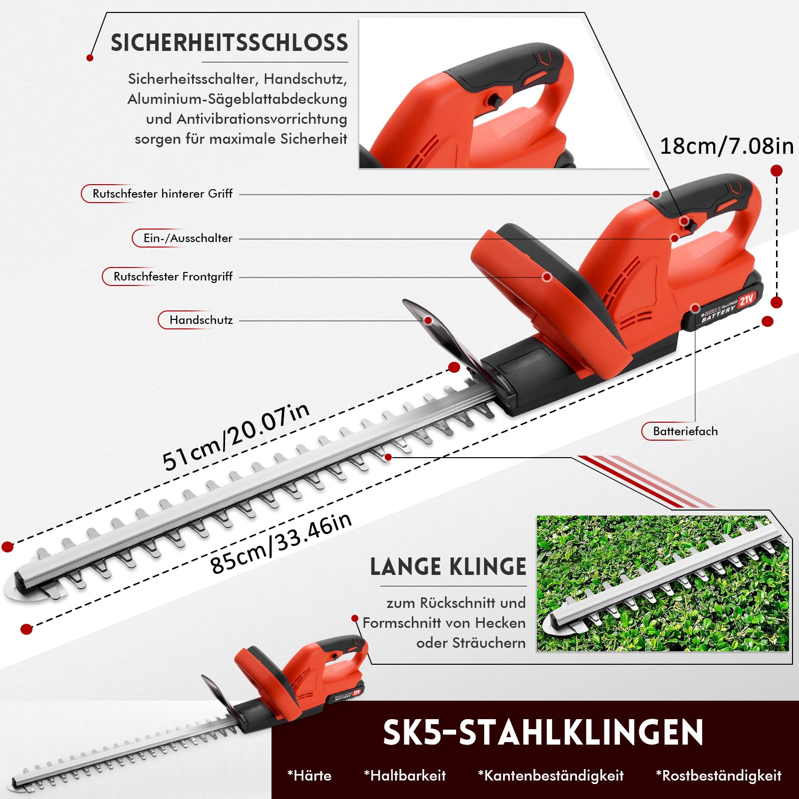 Akku-Heckenschere, 21-V-Handheckenschneider, Leichter und kompakter | Buschschneider inklusive 2 x 3000 mAh Akku und Ladegerät, 51 cm Schneidklinge, Akku-Heckenschere zum Trimmen