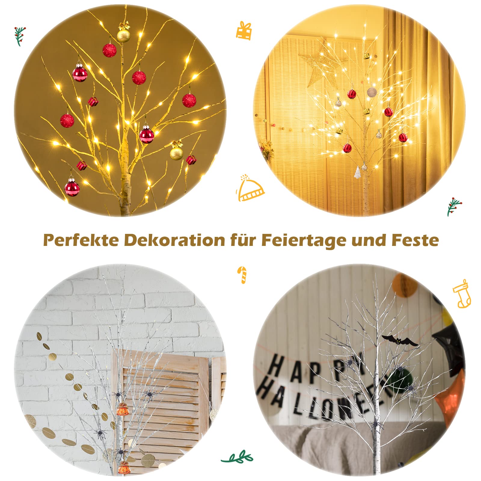 COSTWAY 180cm LED Lichterbaum, Birkenbaum mit warmweißen LED-Leuchten, künstlicher Weihnachtsbaum, Tannenbaum, Christbaum, Kunstbaum, Dekobaum