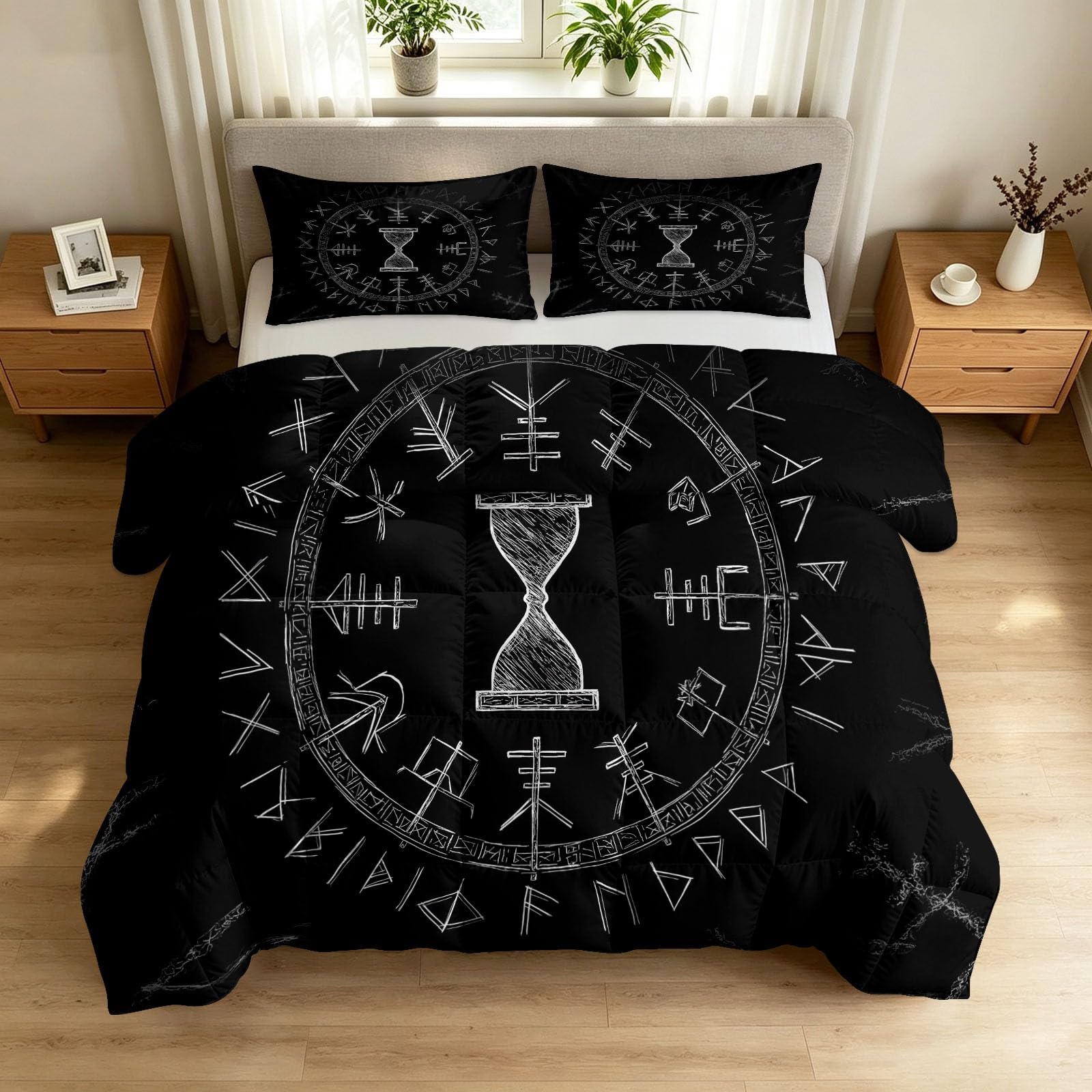 Edredón negro 200x200 Skandi de 4 estaciones con diseño geométrico y 4 fundas de almohada