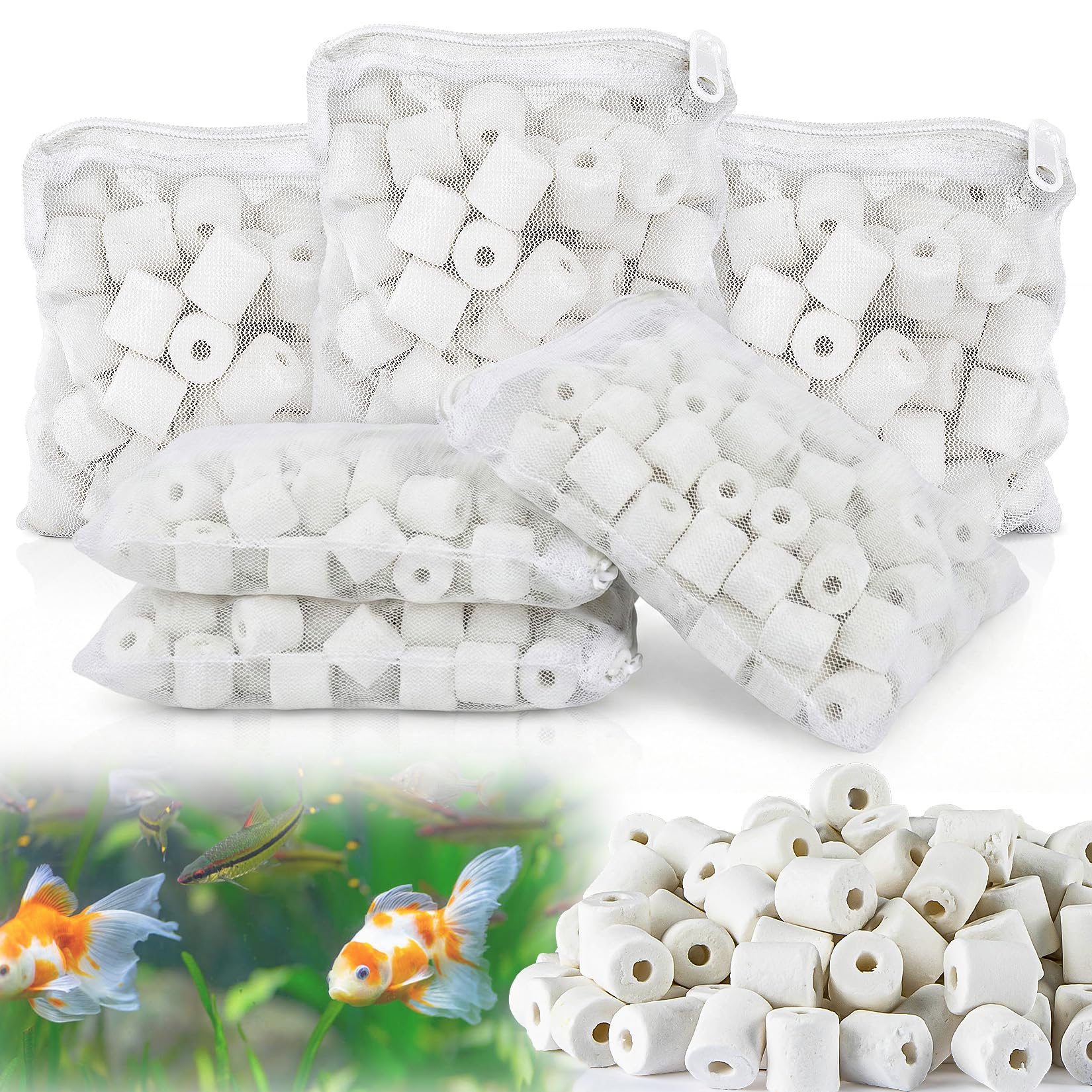 Sukh 6 Bags Ceramic Rings for Aquarium Filter - 850g Bio Ceramic Media Balls Replacement Biological Material Remover for Aquarium,Fish Tank,Pond,Canister Filter with 6 Mesh Bags