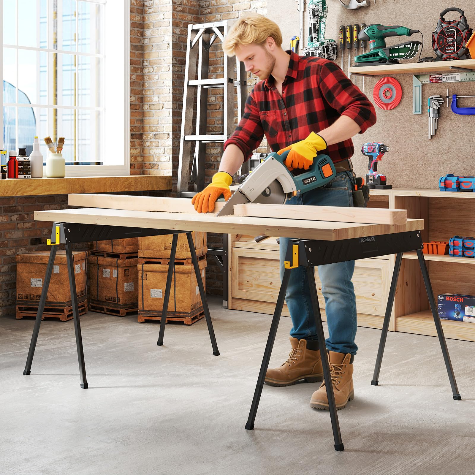 COSTWAY Arbeitsbock 2er Set, bis 500KG belastbar, Böcke klappbar, Sägebock mit 2 x 4 Stützarmen, tragbare klappböcke mit Griff, Gerüstbock für Holzbearbeitung, 94 x 47 x 74 cm