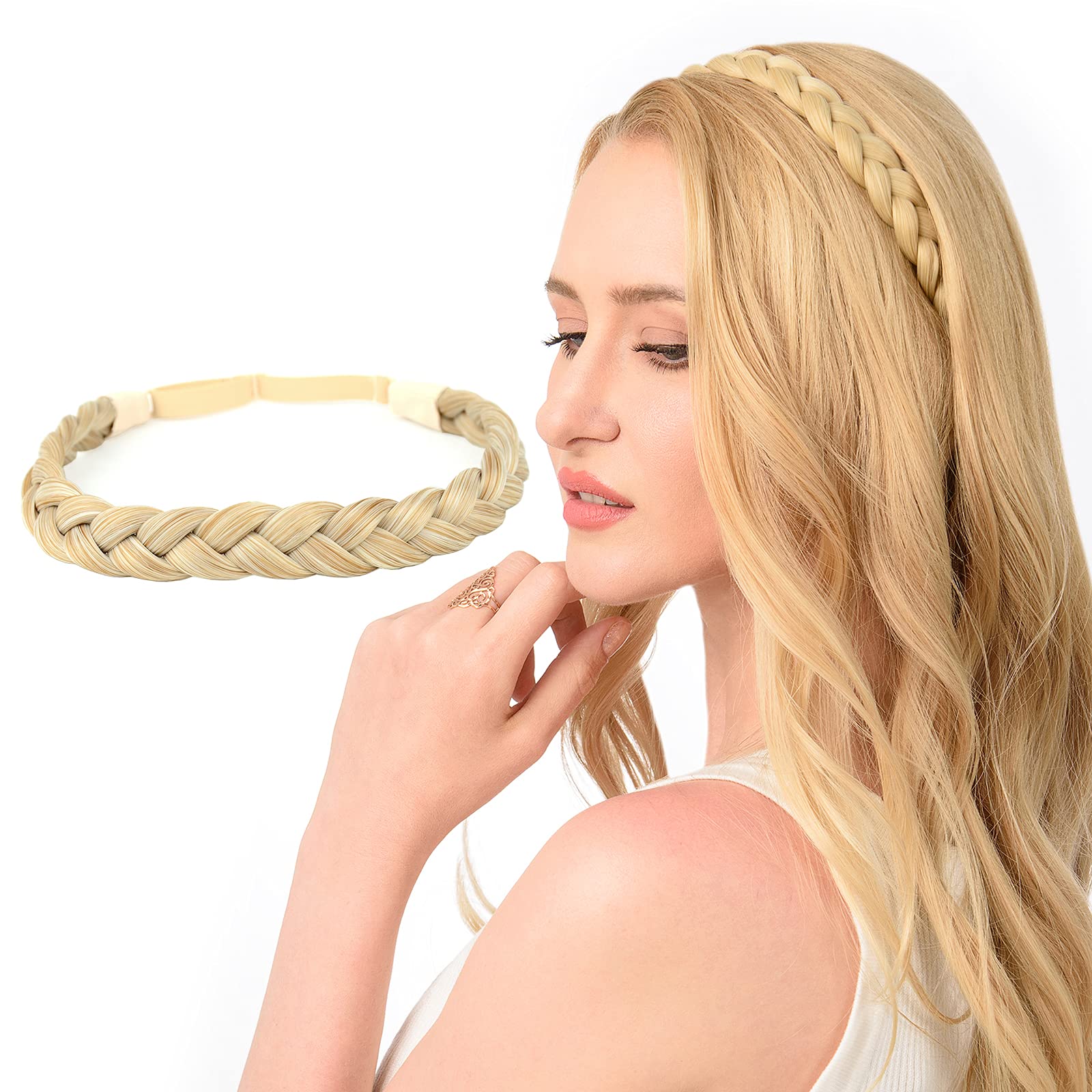 DIGUAN (Light Honey Blonde) - Synthetic Hair Braided Headband Classic Chunky Wide Plaited Braids Elastic Stretch Hairpiece Women Girl Beauty accessory, 55g aHairBeauty (Light Honey Blonde)