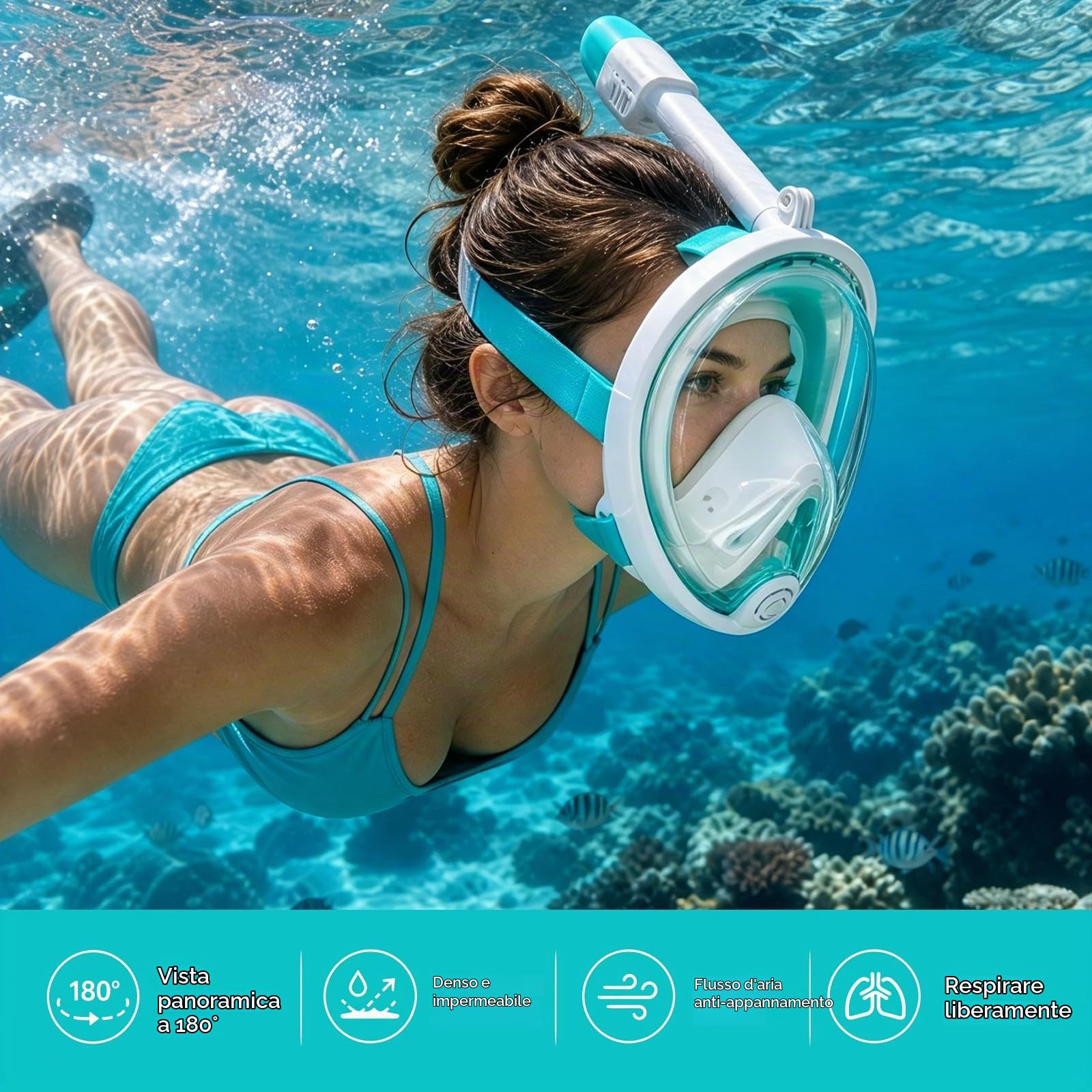 Maschera Snorkeling Integrale 180 Gradi Anti Appannamento Con Tubo Rimovibile E Supporto Fotocamera, Maschera Subacquea In Silicone Regolabile Verde Per Snorkeling E Nuoto
