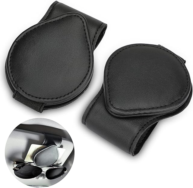 Linkstyle Glasses Clip for Car Sun Visor, 2 Pack Sunglasses Holder Clip Magnetic PU Leather Eyeglasses Mount Hanger Clip Ticket Card Clip Visor Accessories for Car (Black)