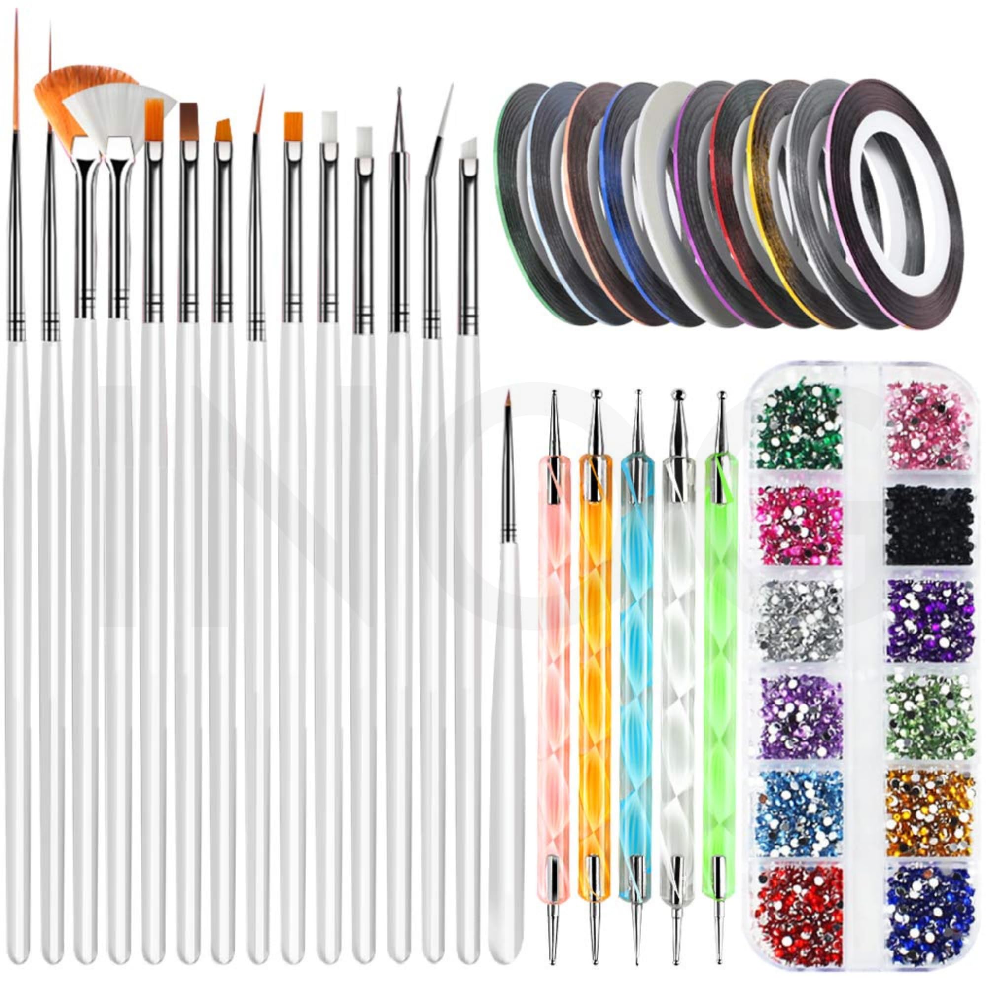 INOG Nail Art Kit for Women – 31 Pcs Nail Design Kit with 15 Brushes, 5 Dotting Pens & 10 Striping Tapes 1 Box Rhinestones – Nail Painting Set, Nail Art Tools, Nail Accessories for Nail Extensions