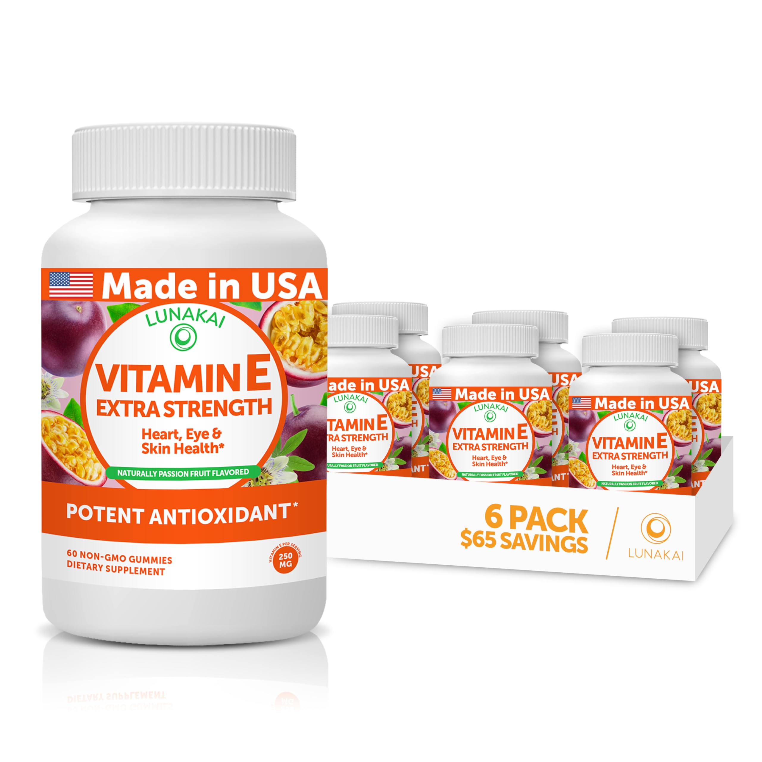 Vitamin E Gummies with Vitamin C - Tastiest Proprietary Formula - 250mg (400IU) VIT E - Antioxidant, Skin & Eye Health Support, Non-GMO, Vegan Supplement - 6 Pack