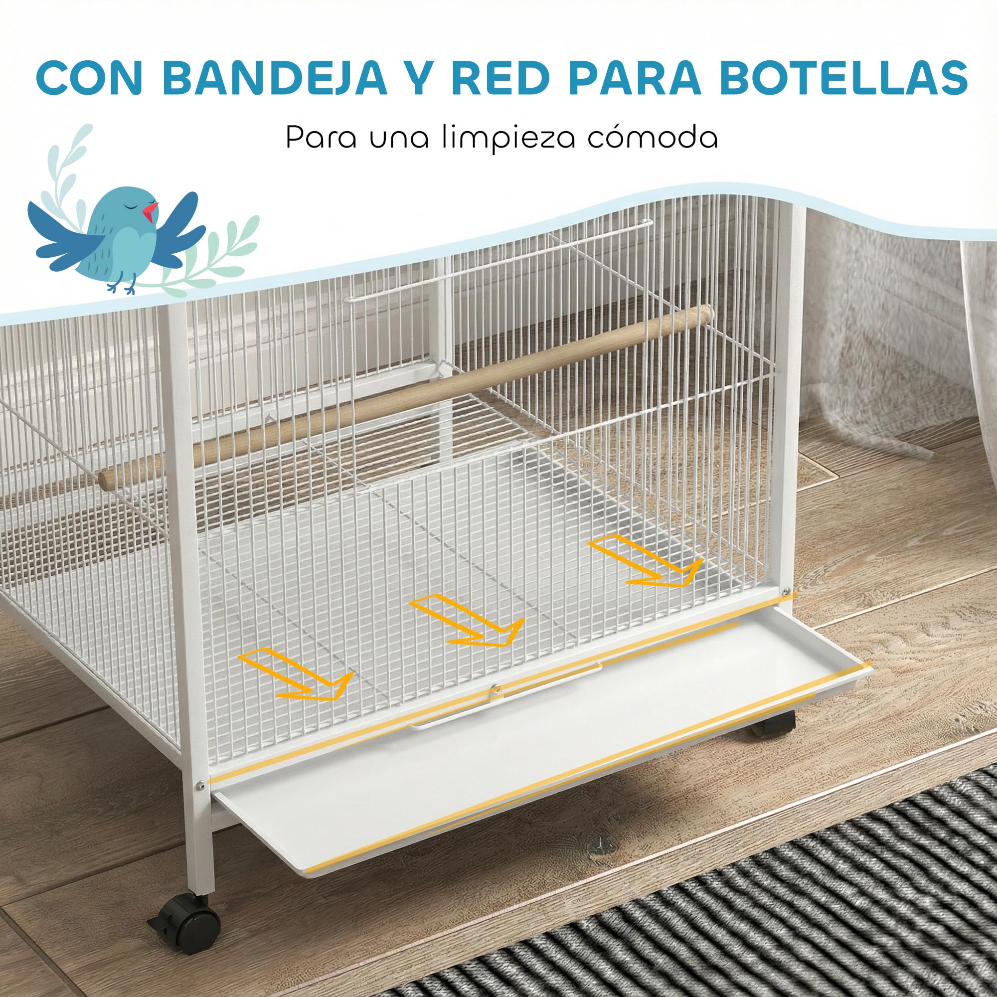 PawHut Jaula para Pájaros con Ruedas, Pajarera de Acero con Perchas, Columpio Bandeja Extraíble y Cuencos de Acero Inoxidable, Jaula Grande para Loros, Canario, Periquito, 48x46x78 cm, Blanco