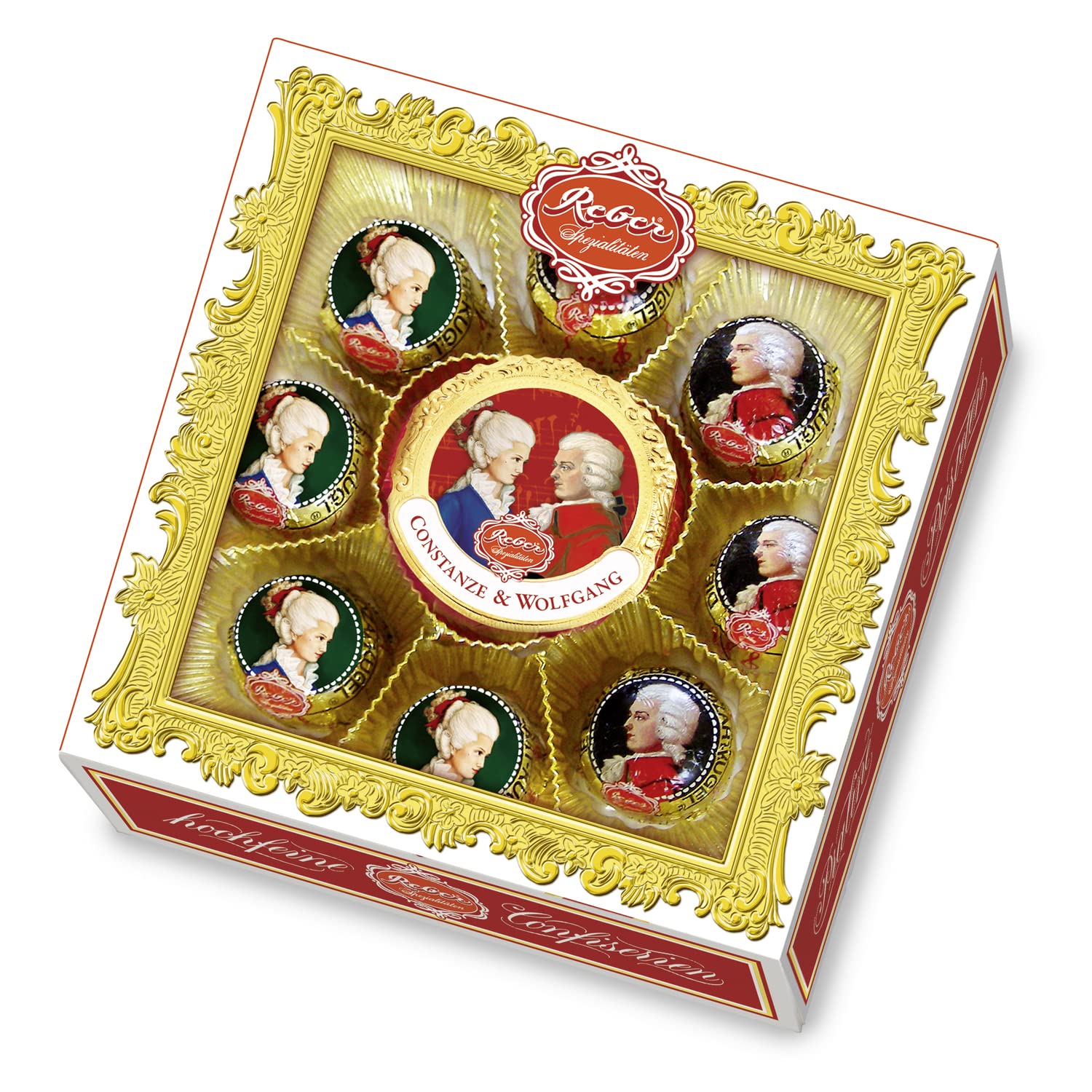 Reber Wolfgang & Constanze Mozart, Mozart-Kugeln, Pastete und Pralinen, Zartbitter- und Alpenmilch-Schokolade, Marzipan, Nougat, Tolles Geschenk, 9er-Packung