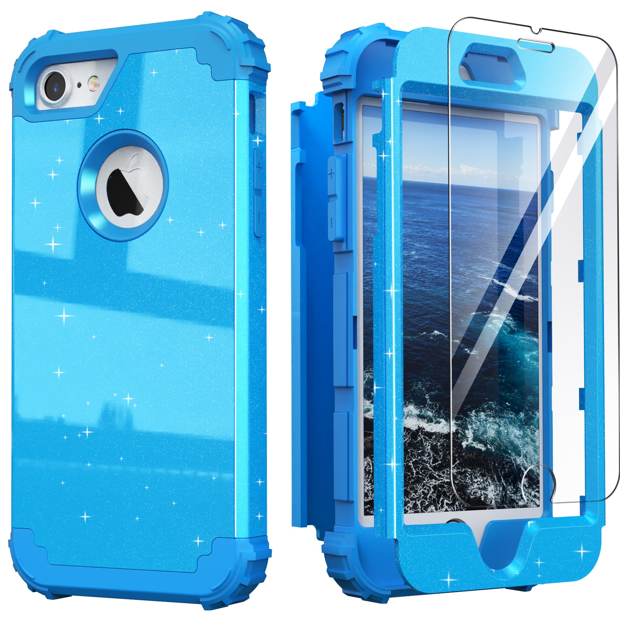 IDweel for iPhone 8 Case & for iPhone 7 Case with Screen Protector,Luxury 3 in 1 Shockproof Hybrid Heavy Duty Hard PC Cover Soft Silicone Sturdy Bumper Full Body Sturdy Cover,Glitter Sky Blue