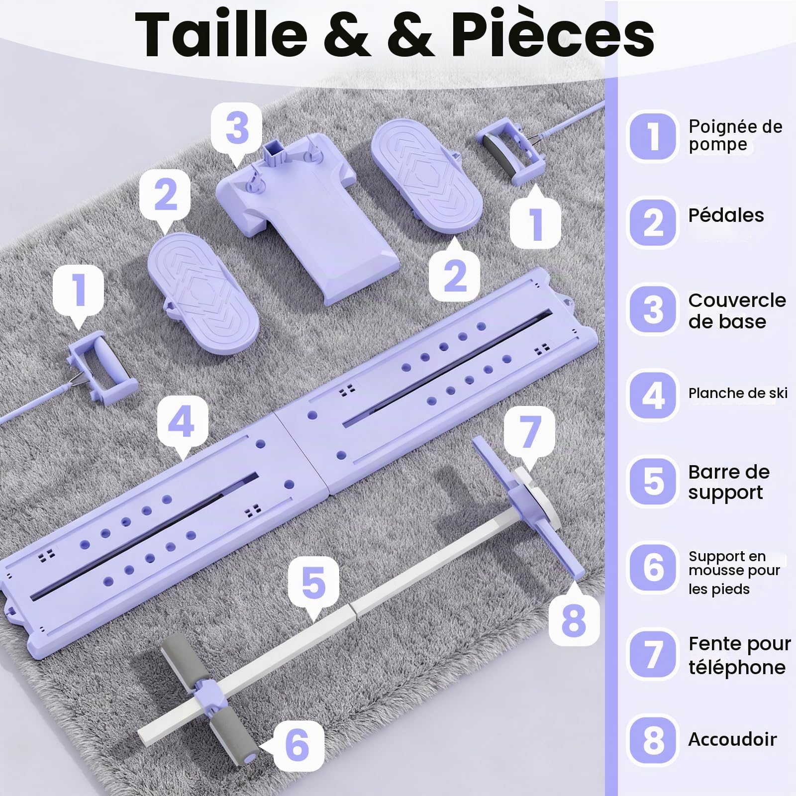 Kit Pilates Reformer, Machine à Ski 5 en 1, Planche de Pilate Pliable, Appareil Abdominaux, Push up Board, Poignées Amovibles avec Support Téléphone, pour le Renforcement du Core, Fessiers, Bras