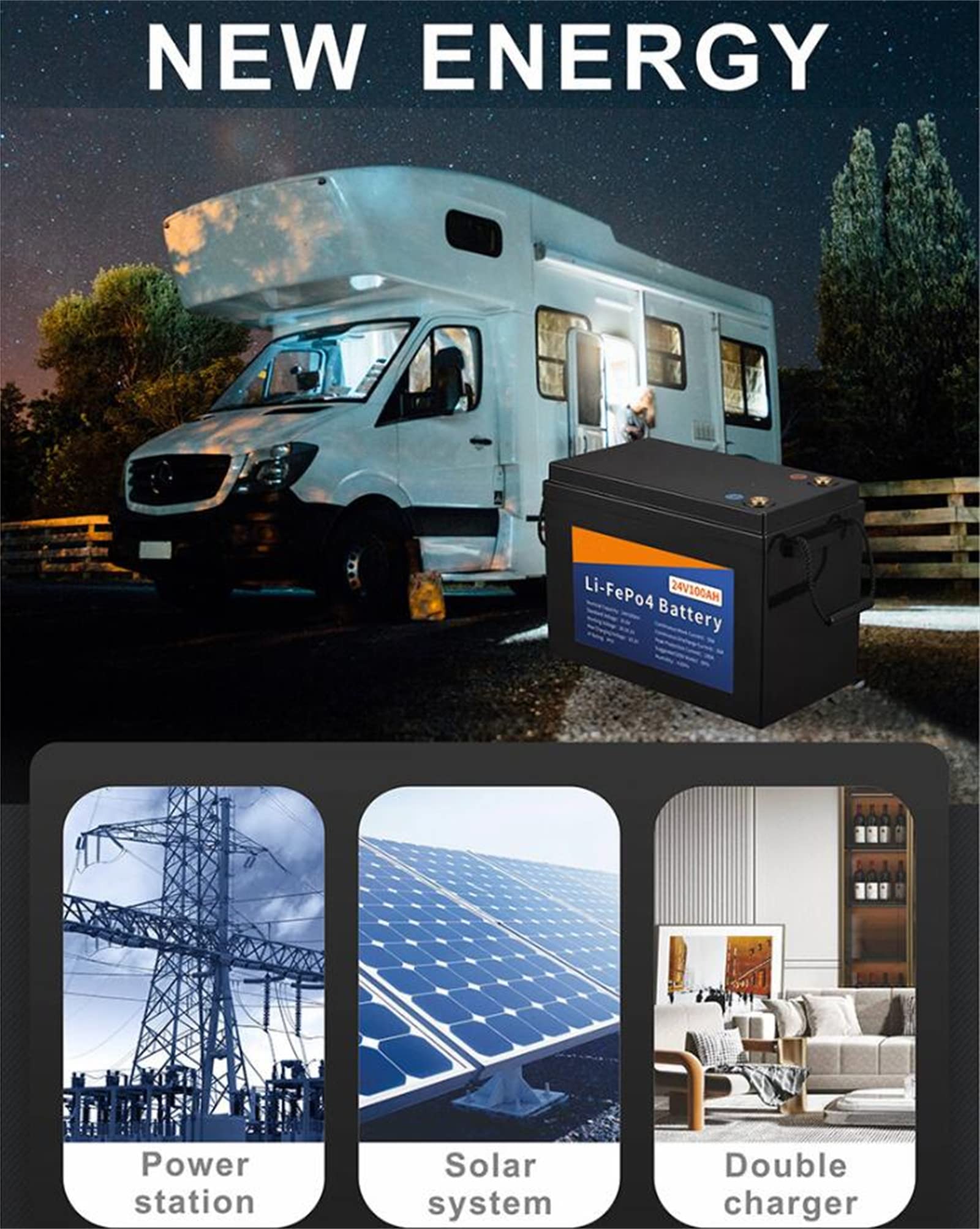 Batteria 24V 100AH Lifepo4, Batteria Ricaricabile da 4000+ Cicli, Batteria Ricaricabile con Accumulo di Energia a Ciclo Profondo agli Ioni di Litio, BMS Integrato da 100A Senza Manutenzione, per