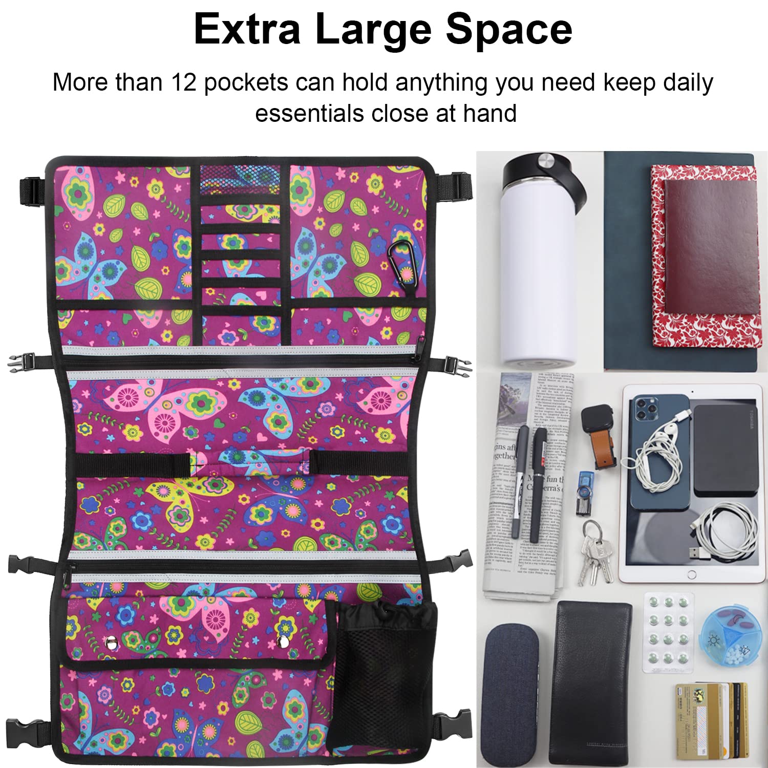 Wheelchair Storage Bag, Double-Sided Armrest Pouch with Cup Holder and Reflective Strip, for Wheelchairs and Walkers (Purple Butterfly) - Image 4
