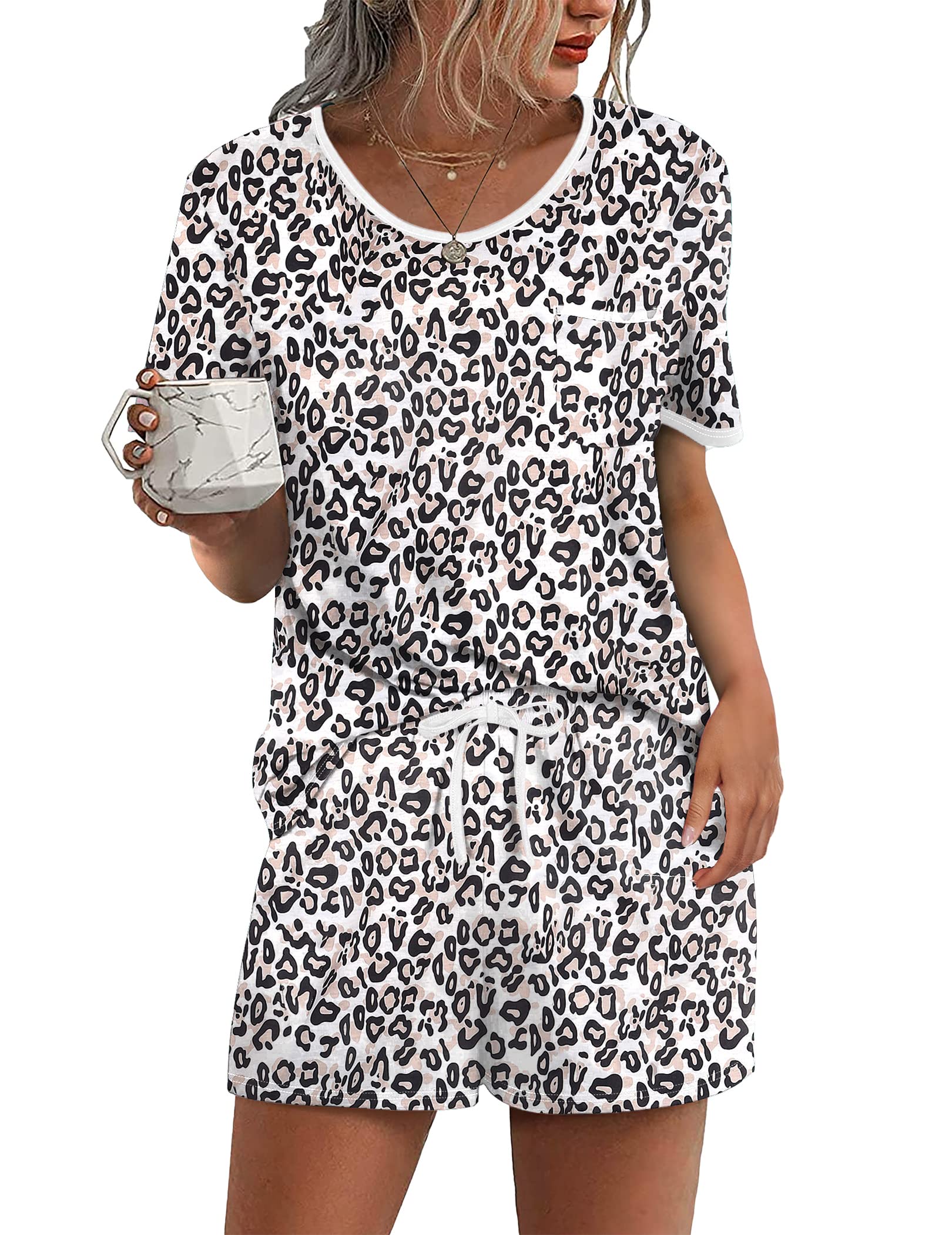 Ekouaer Pajama Set for Women 2 Piece Lounge Set Short Sleeve Tops and Shorts Comfy Sleepwear, Chest Pocket