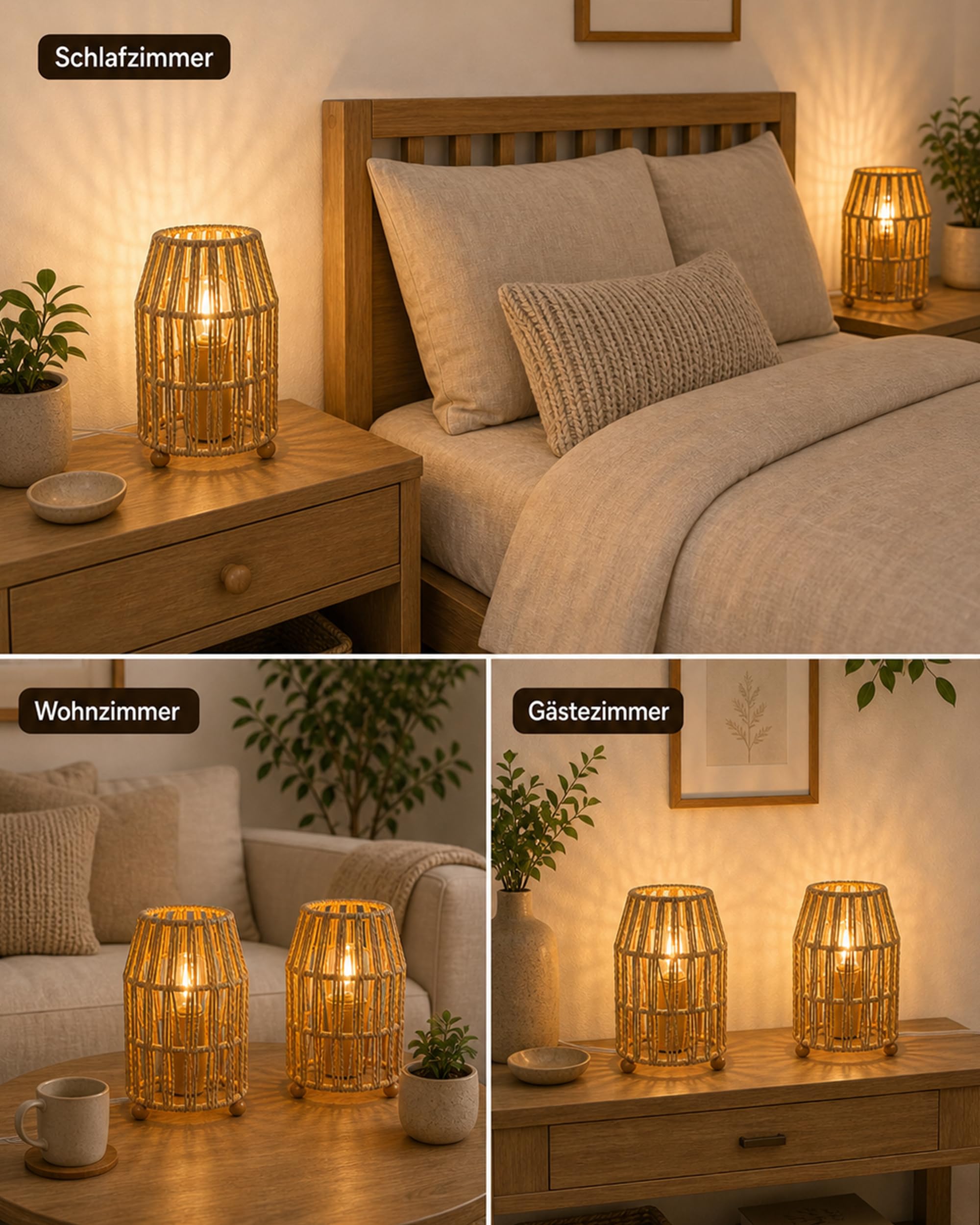 LANMOU Mała lampka nocna, zestaw 2 szt., plecionka papierowa, E27, vintage retro | 5 W LED, 3000 K ciepła biel, do sypialni i salonu