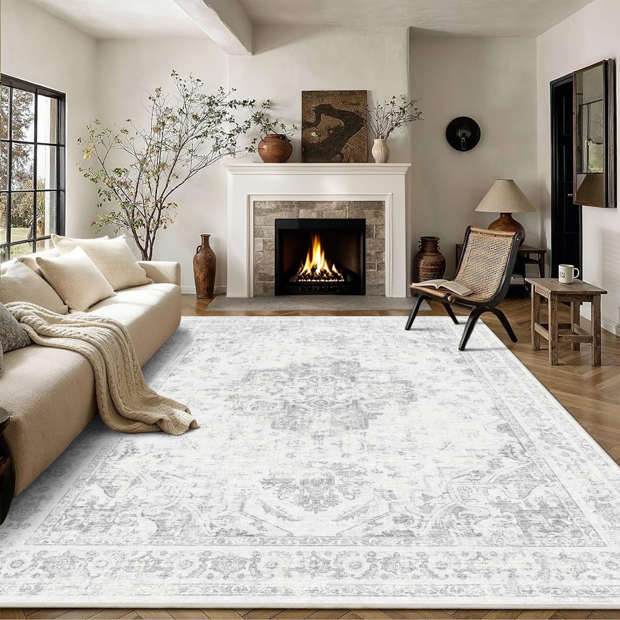 8x10 vintage washable area rugs boho medallion large distressed retro accent carpet floral non-slip soft low pile indoor throw rug for living room bedroom dining room office kitchen, gray