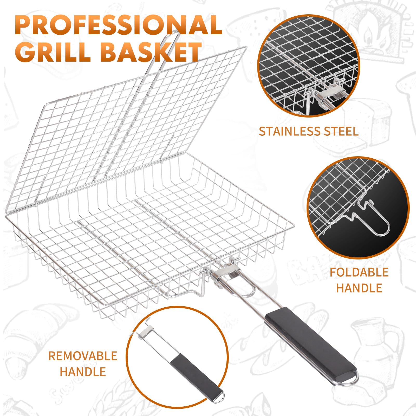 Cestino per grill, barbecue e barbecue, in acciaio inox, grande, pieghevole, con manico, portatile, da campeggio, per pesce, gamberetti, verdure, accessori da cucina