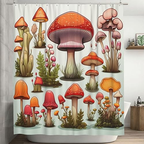 YLATY3665 - Cortina de ducha de hongos rojos para baño, juego de cortina de ducha abstracta de hojas verdes, flores, bohemio, tela minimalista y