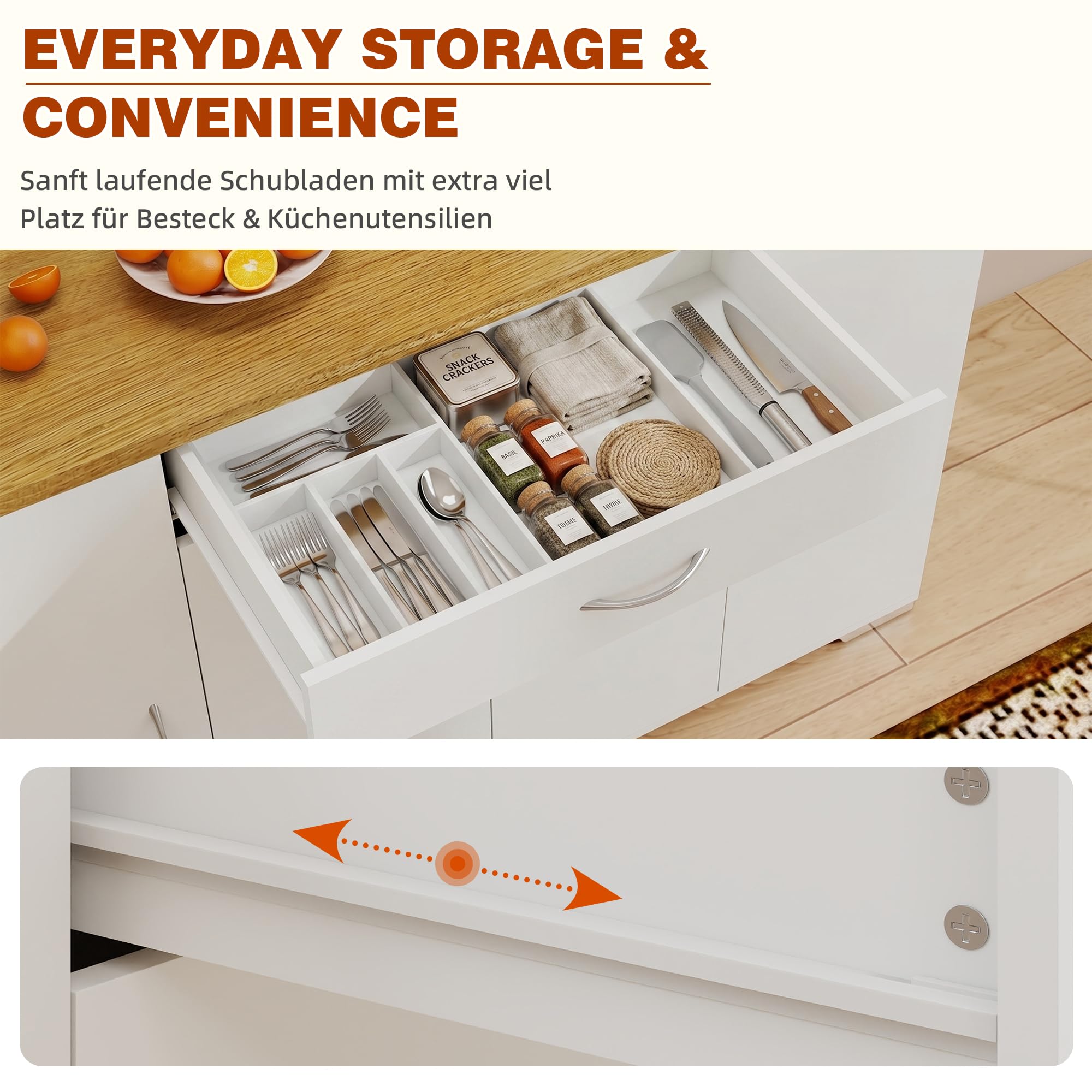 Credenza Cucina Moderna 110×30×70 cm, Mobile Cucina Salvaspazio con 1 Cassetto e 4 Ante, Madia Cucina Antiribaltamento, Legno MDF, Bianca