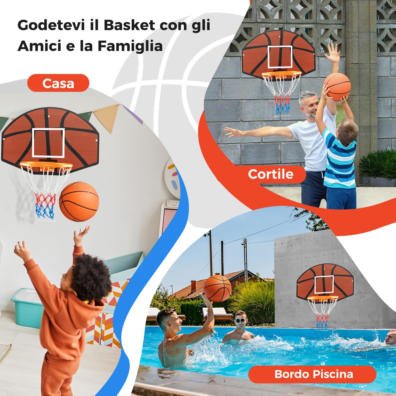 COSTWAY Tabellone Basket da Muro per Bambini e Adulti, Canestro da Basket a Parete da Interni ed Esterni con Tabellone Antiproiettile da 66,5 x 44,5 cm, Rete Anti-strappo e Accessori Completi