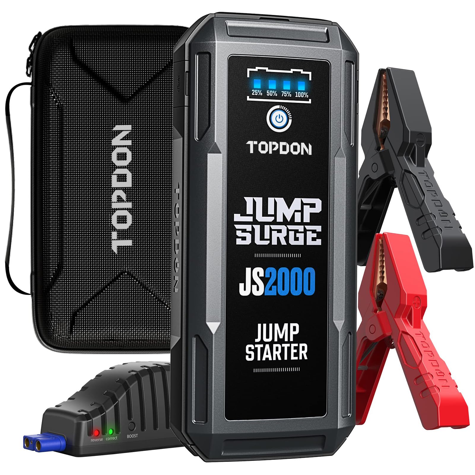 TOPDON JS2000 Car Jump Starter, 2000A 16,000 mAh 12V Battery Jump Starter (up to 8.0L Petrol or 6.0L Diesel), LED Light, Fast Charging USB-C for Electric Devices