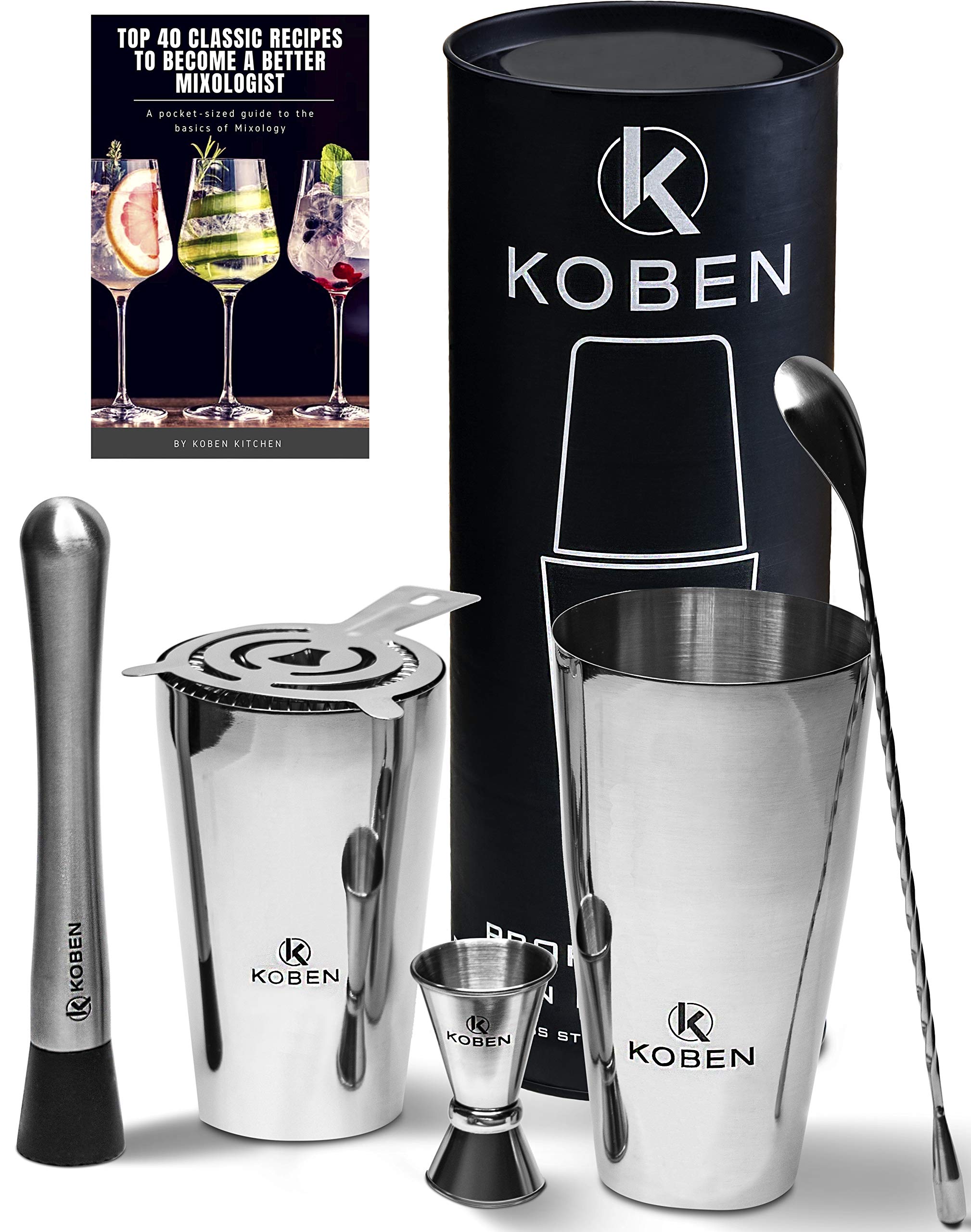 Professional Bartender Kit Cocktail Shaker Set that DOES NOT LEAK and DOES NOT HAVE SHARP EDGES: 26 oz and 24 oz 304 Stainless Steel Boston Shaker, Muddler, Jigger, Mixing Spoon, Strainer, eBook Bonus