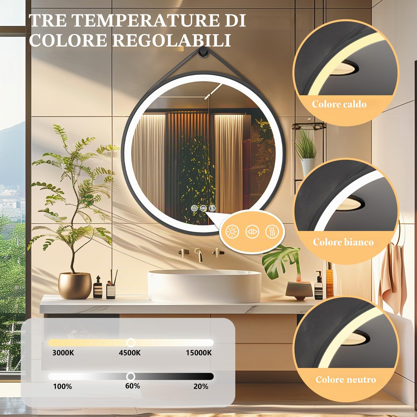 LUVODI Specchio Bagno con Led Luce Rotondo 60 cm: Specchio Smart Tondo Bagno Cornice in Alluminio Nero Cinghia Regolabile in Pelle, Illuminato Frontale, Antiappanamento, Dimmerabile, Funzione Memoria
